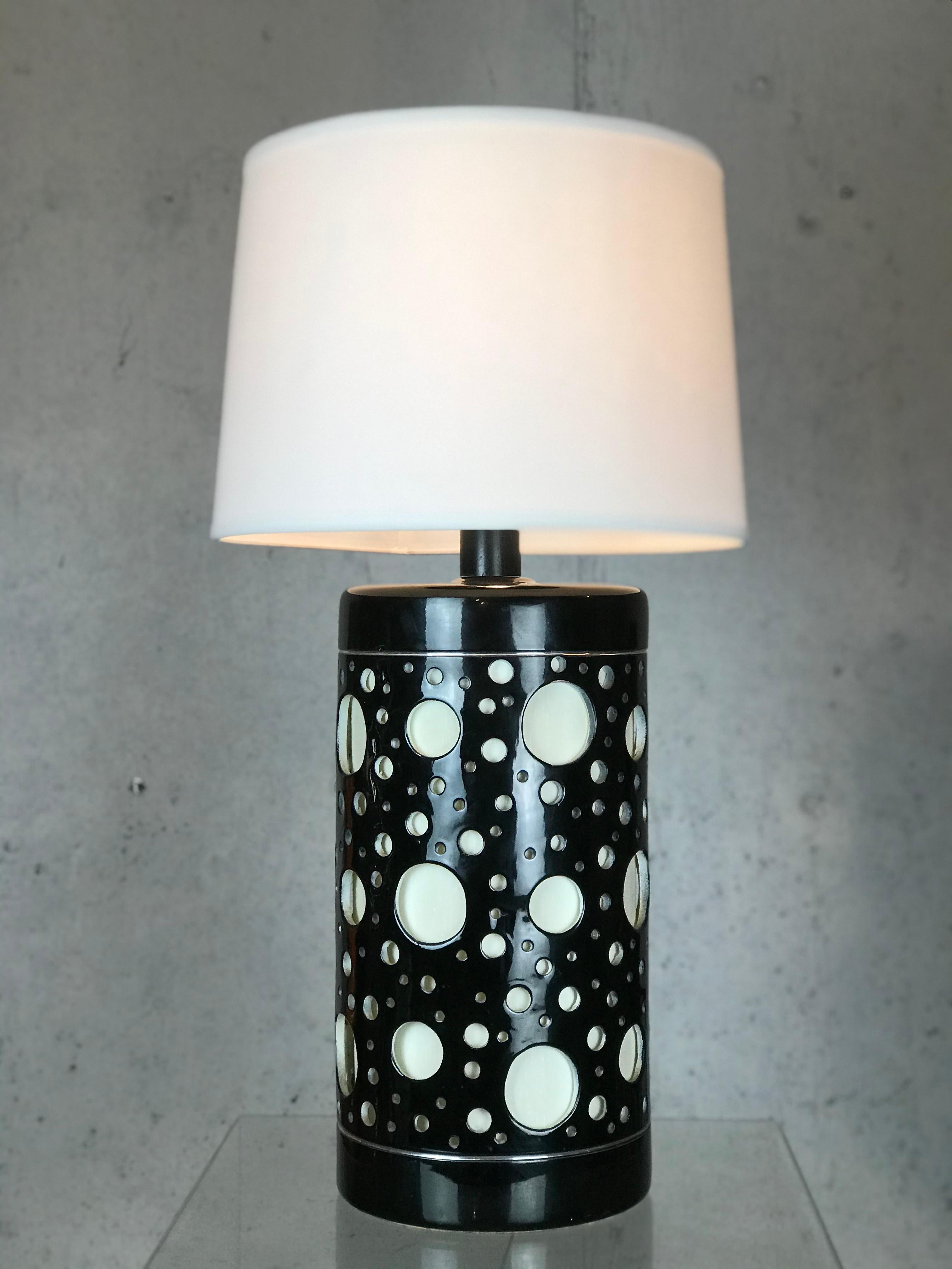 Mid-Century Modern Large Mid Century Modern Table Lamp Black Ceramic Op Art After Bridget Riley
