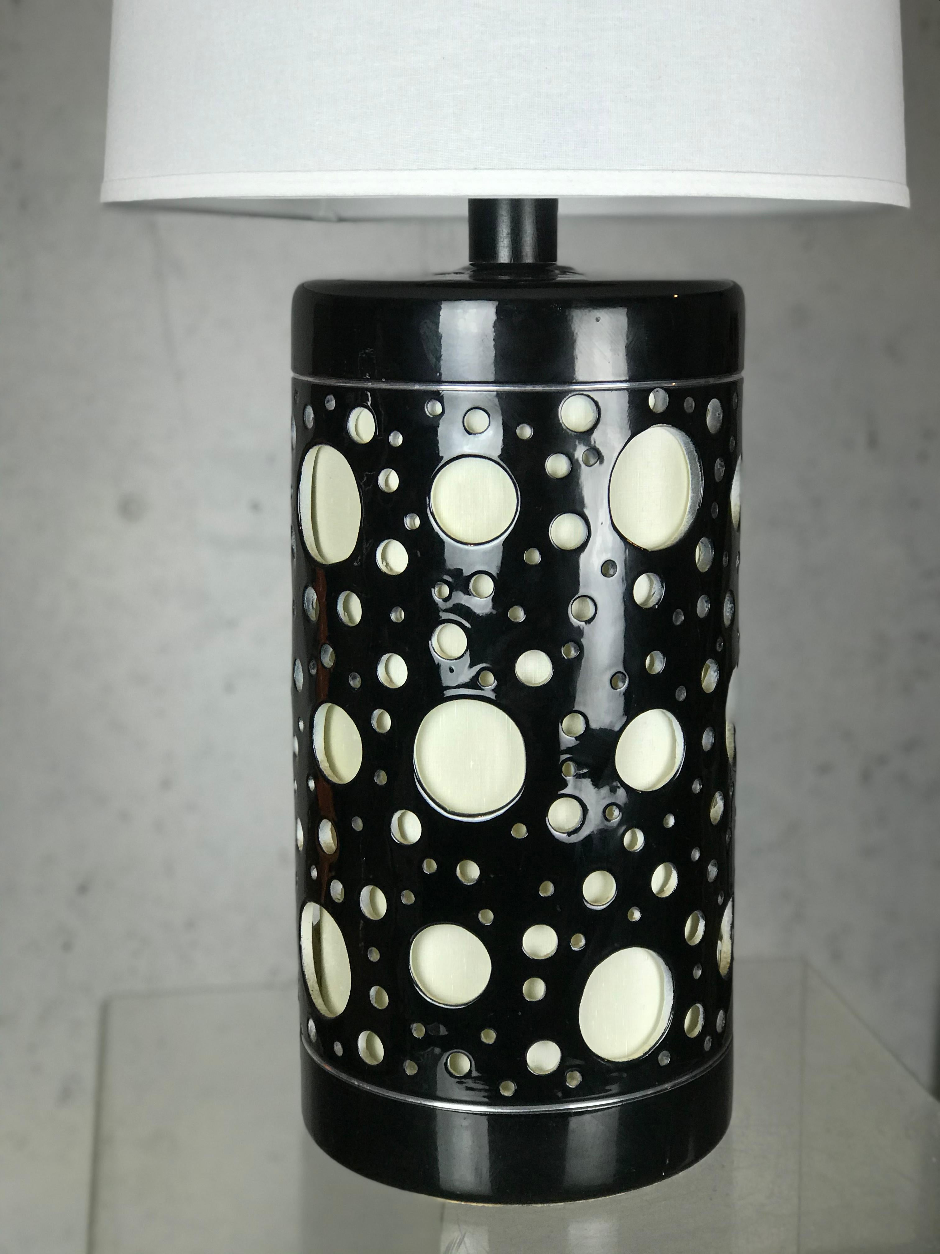 American Large Mid Century Modern Table Lamp Black Ceramic Op Art After Bridget Riley