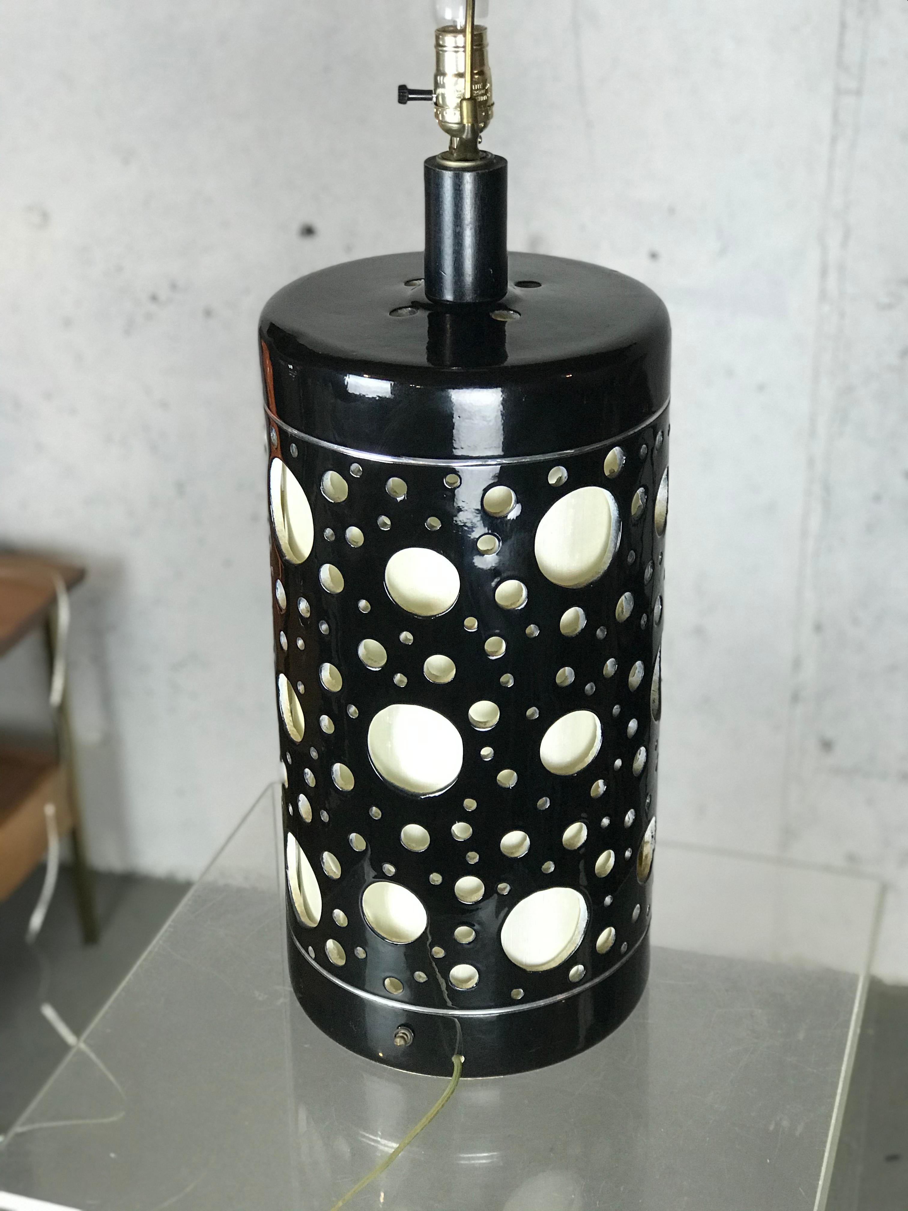 Mid-20th Century Large Mid Century Modern Table Lamp Black Ceramic Op Art After Bridget Riley