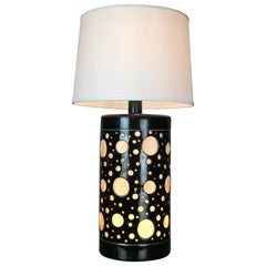 Large Mid Century Modern Table Lamp Black Ceramic Op Art After Bridget Riley