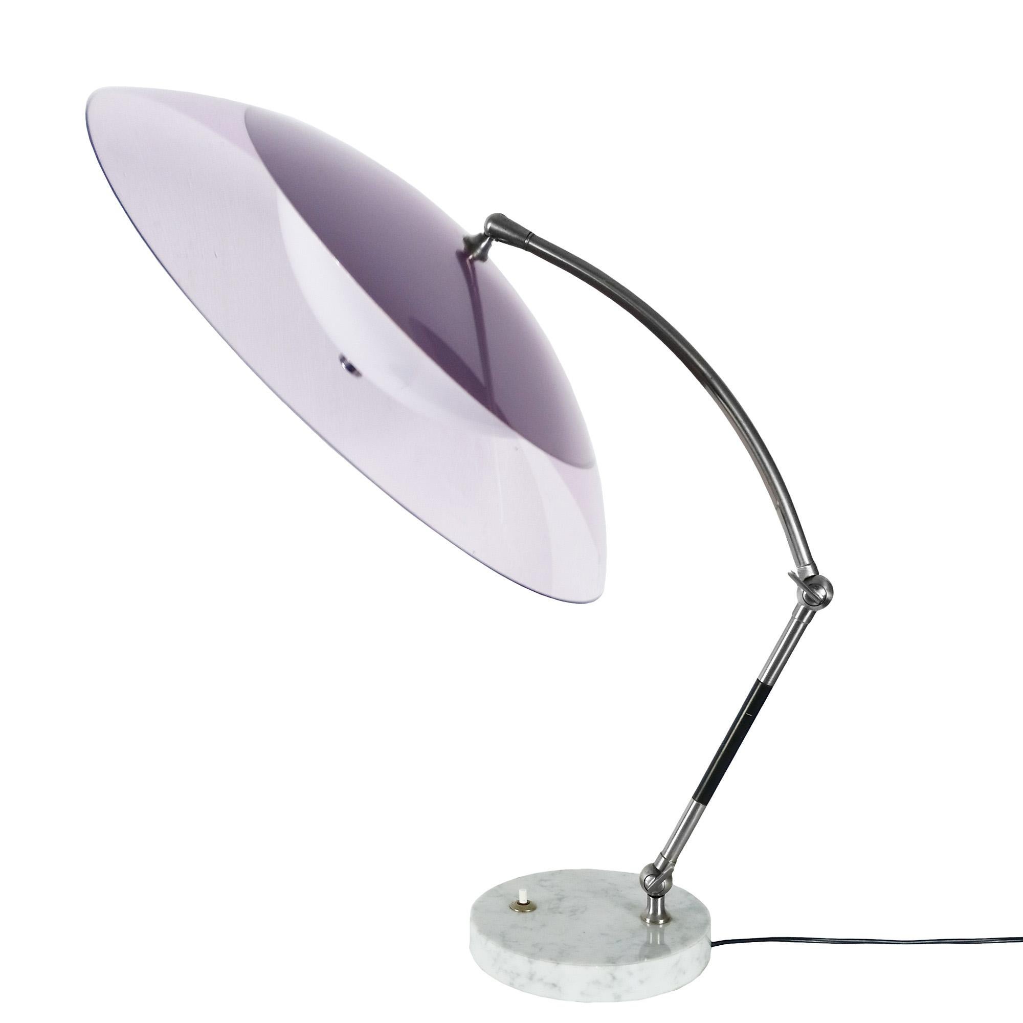 Large table lamp with round base in white marble; articulated arm in steel and nickel-plated and black lacquered brass; reflectors in translucent white and purple plexiglass. Two bulbs.

Manufacturer: Stilux Milano.

Italy c. 1960

 