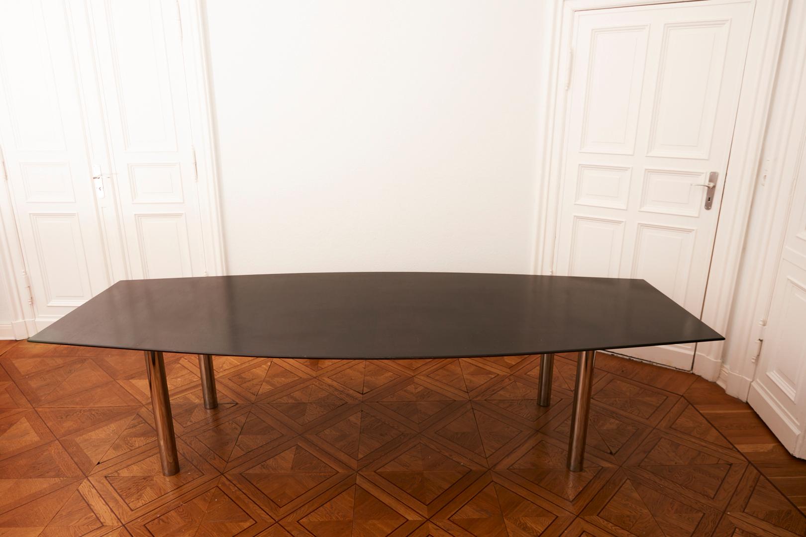 Large Mid-Century Modern table with boat shaped top by Florence Knoll
Florence Knoll designed this table in 1961 as part of the executive collection. Like so many of her ground breaking designs that became the gold standard for the industry, the