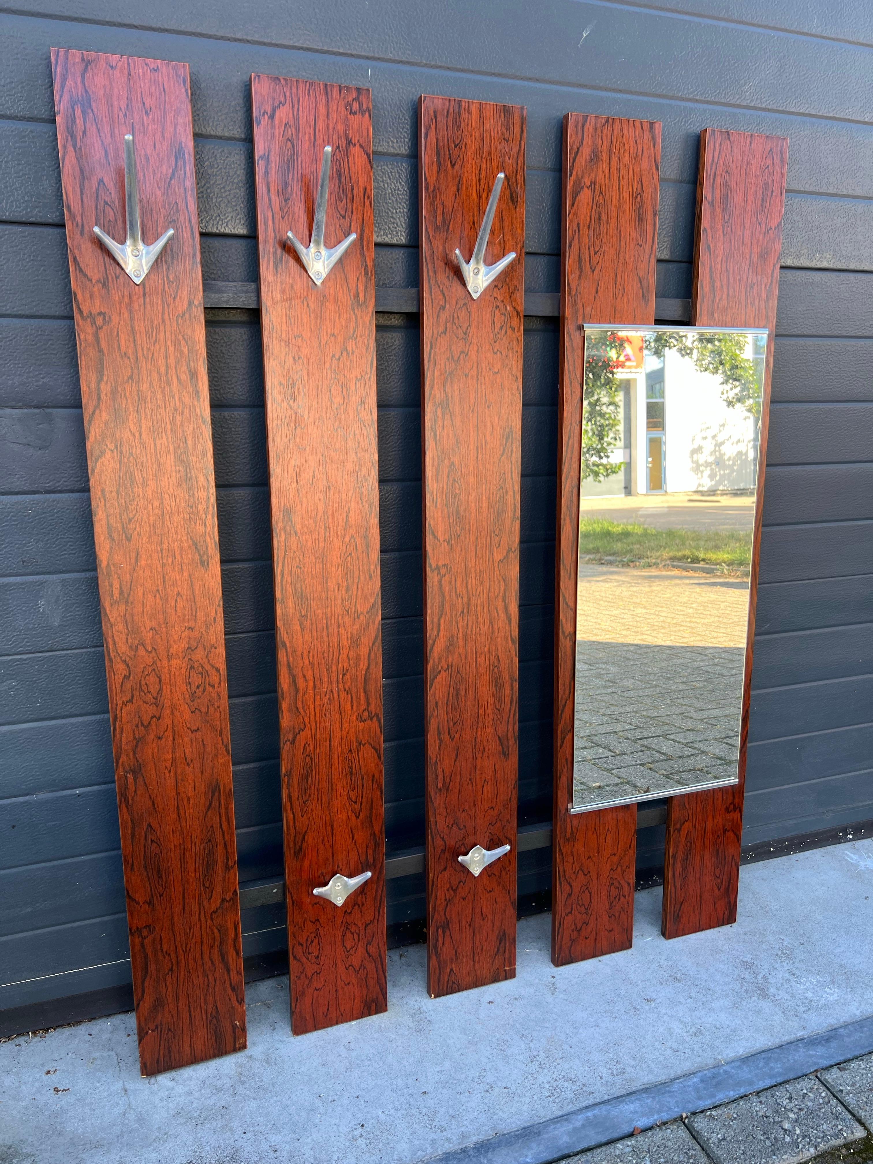 Large Mid-Century Modern Teak Slats Wall Mount Hall Coat Rack with Mirror, 1960s For Sale 7