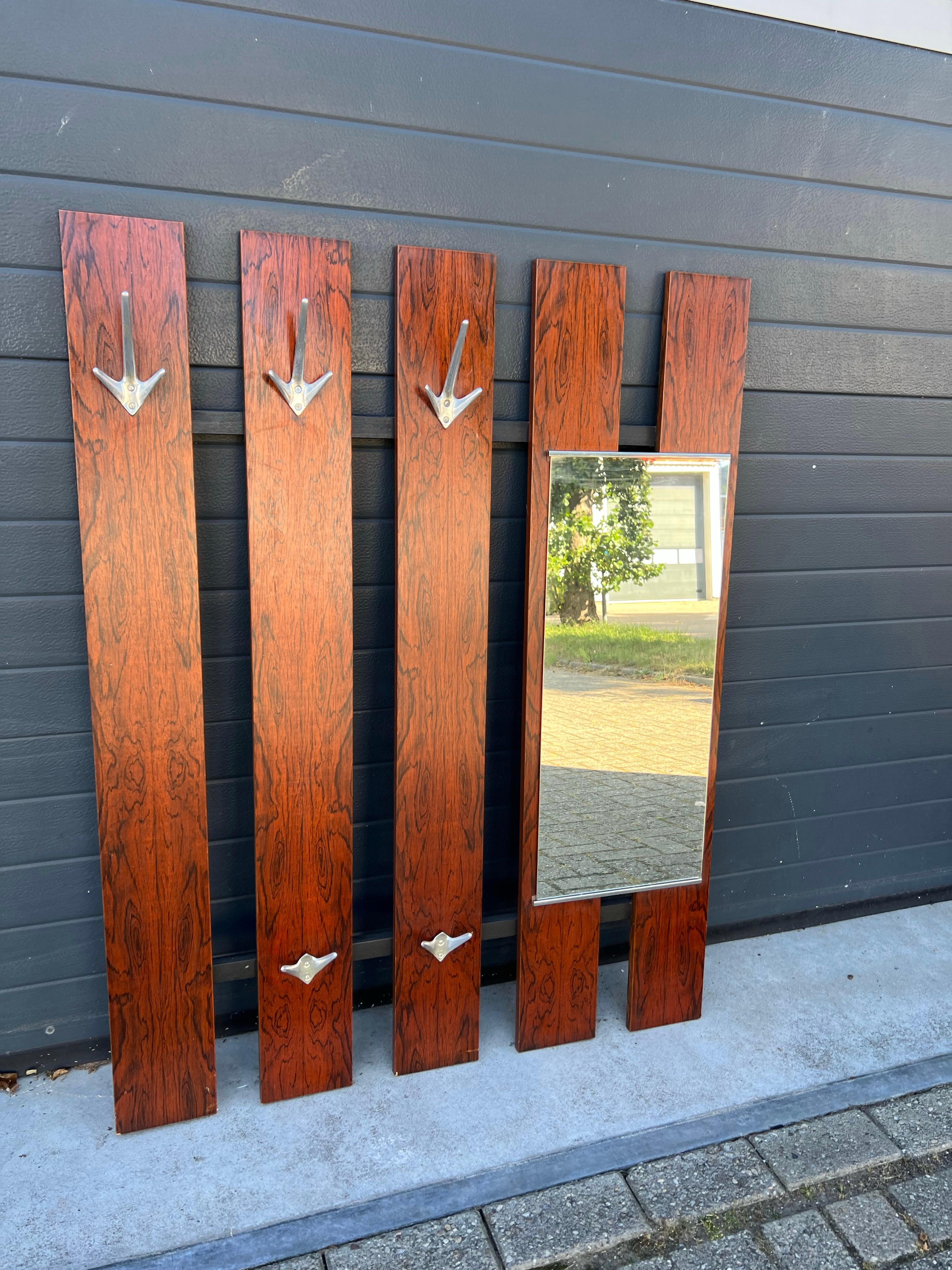 Large Mid-Century Modern Teak Slats Wall Mount Hall Coat Rack with Mirror, 1960s For Sale 9
