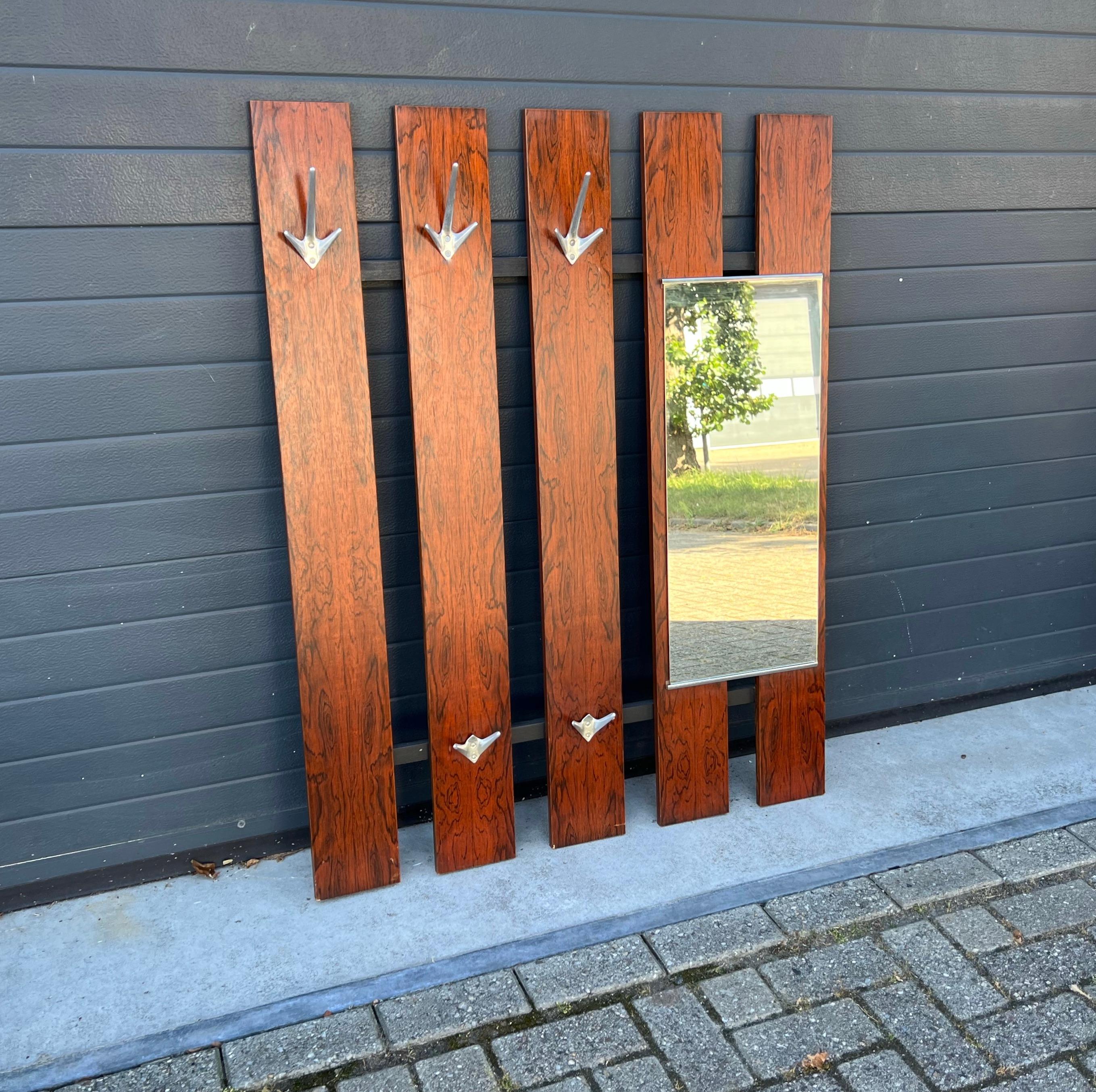 Large Mid-Century Modern Teak Slats Wall Mount Hall Coat Rack with Mirror, 1960s For Sale 10