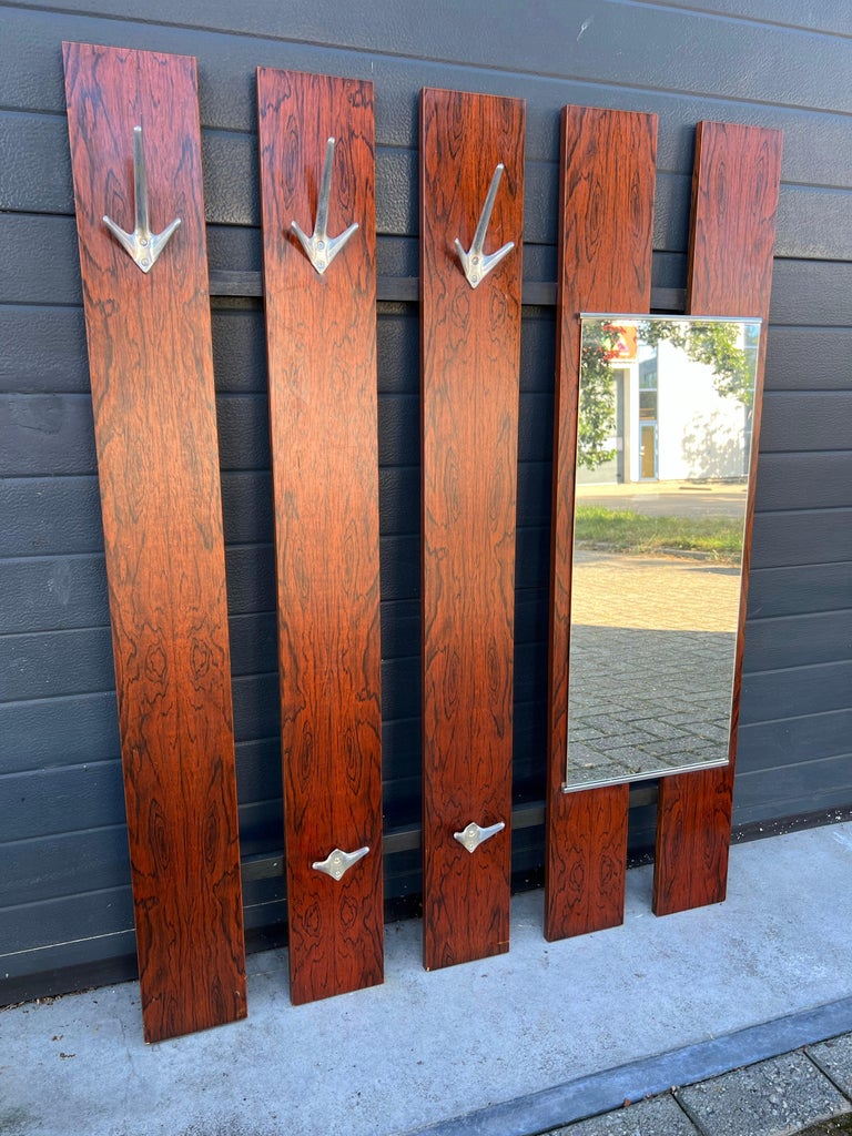 Large MidCentury Modern Teak Slats Wall Mount Hall Coat Rack with