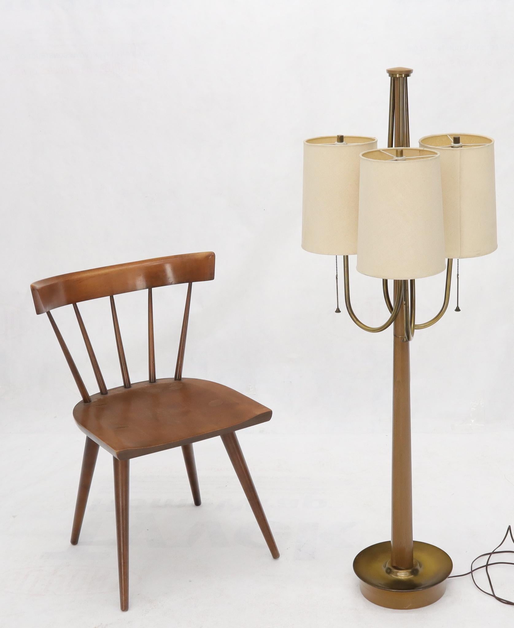 Large decorative walnut and brass 3 arms 3 ways table or floor lamps in style of Parzinger.