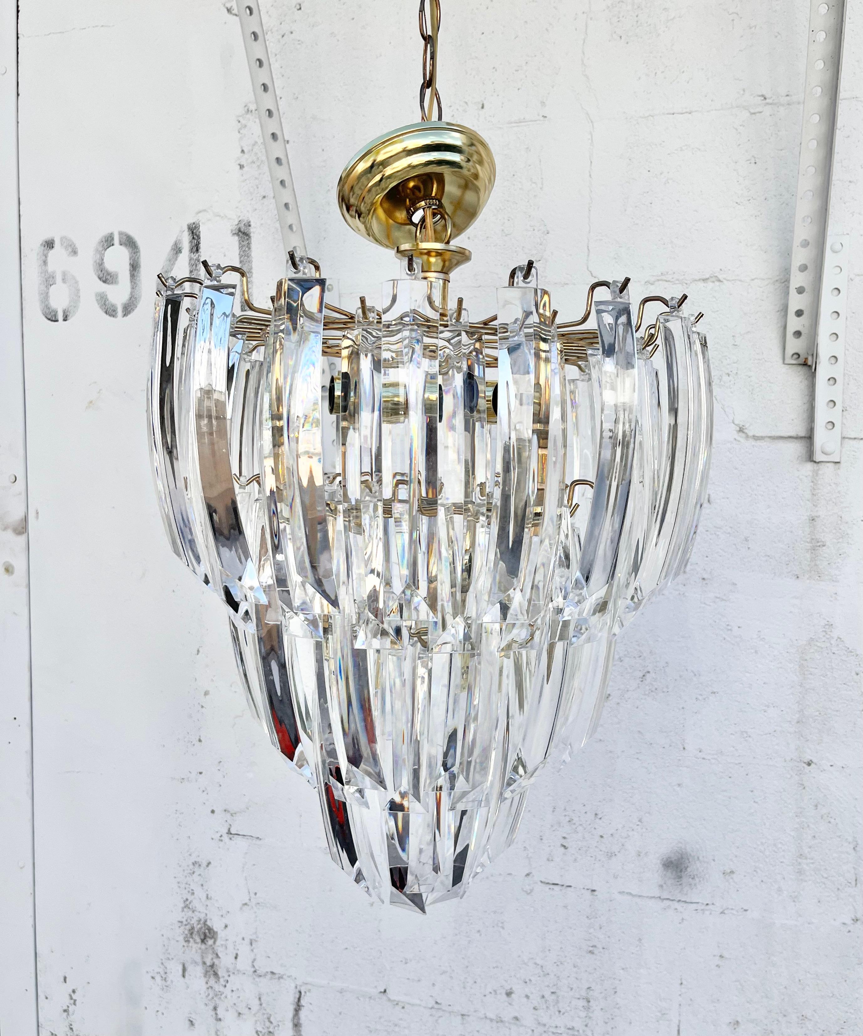 Brass Large Mid-Century Modern Three-Tier Prism Lucite Chandelier For Sale