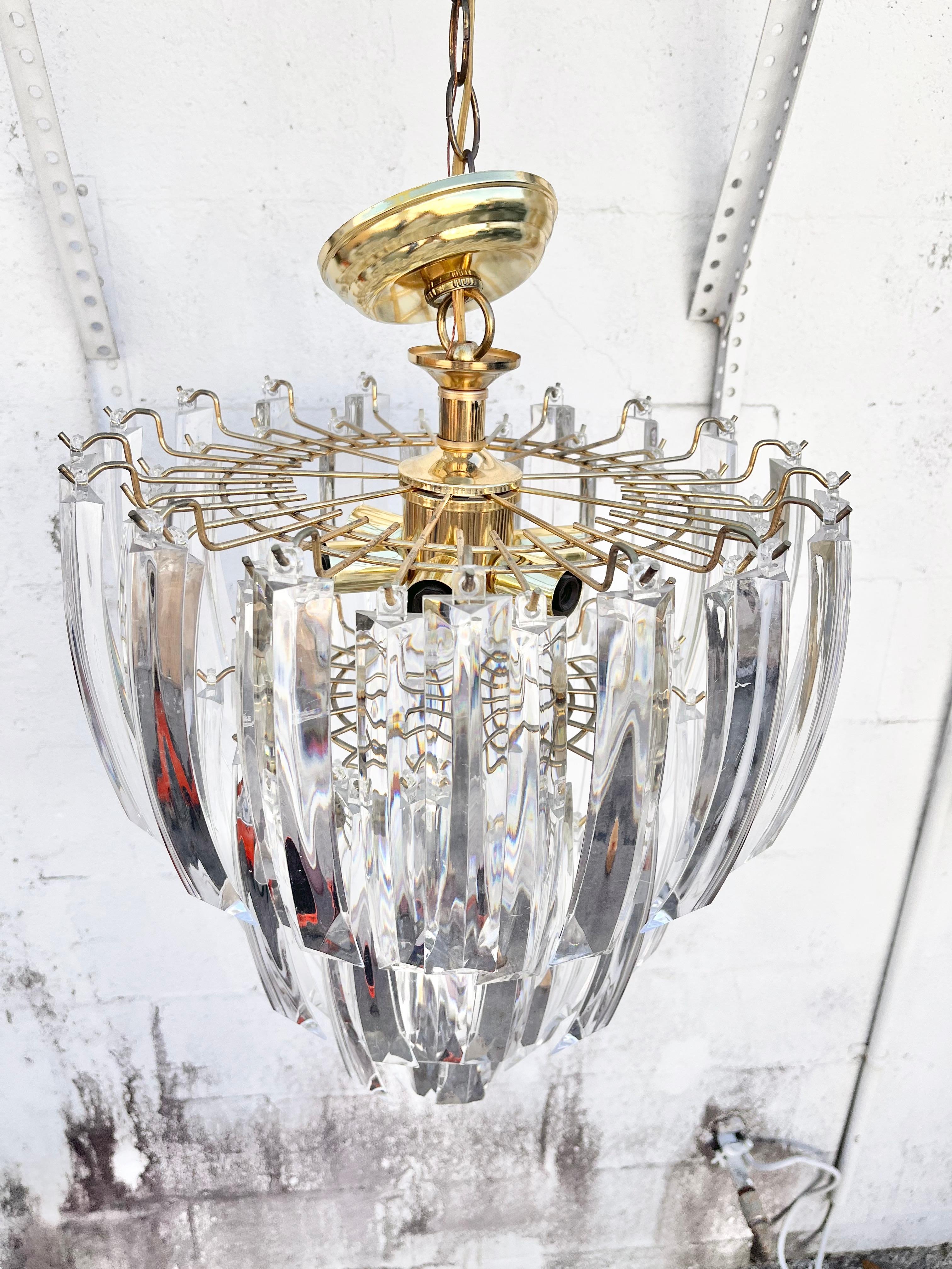 Plated Large Mid-Century Modern Three-Tier Prism Lucite Chandelier For Sale