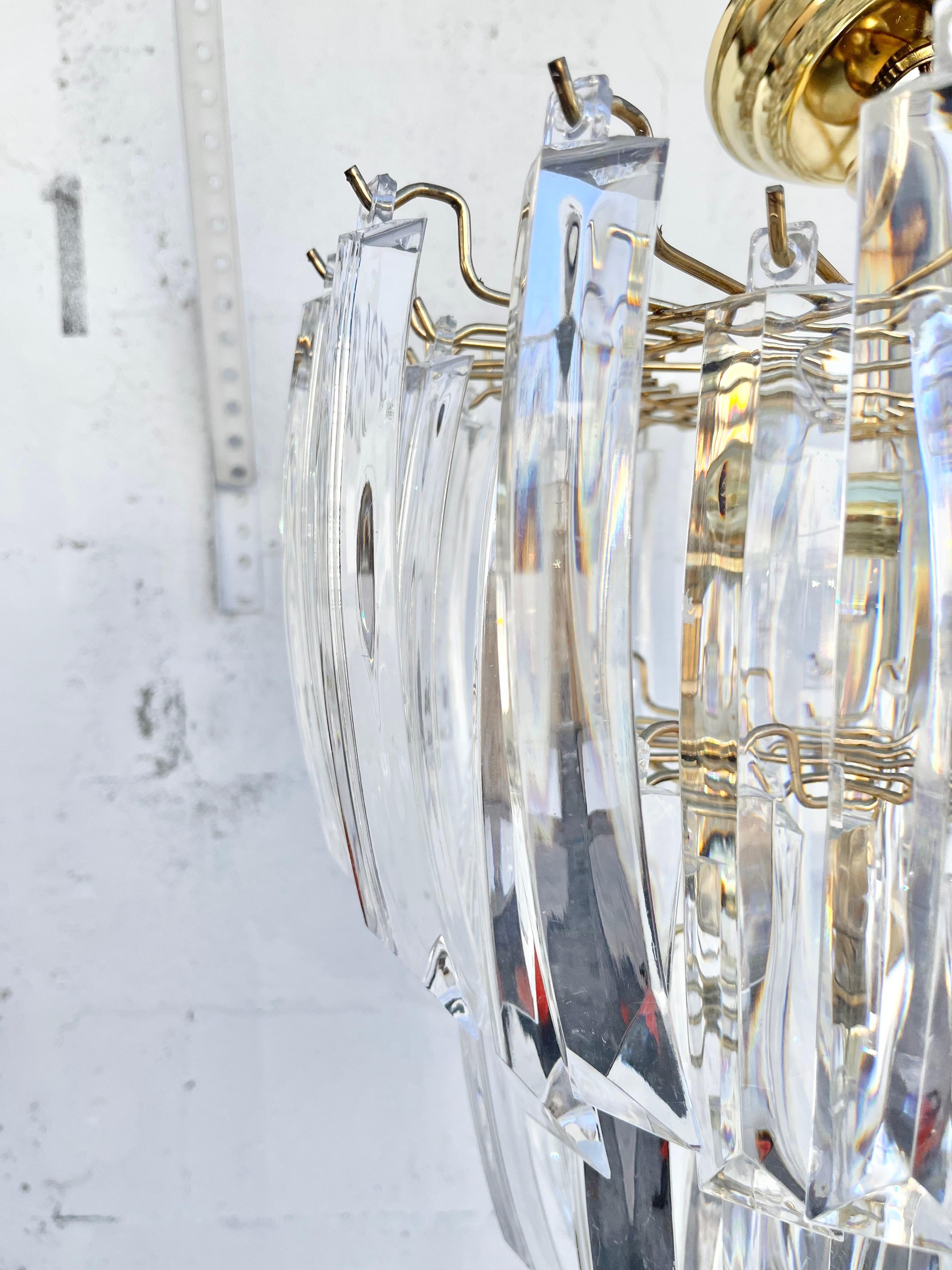 Brass Large Mid-Century Modern Three-Tier Prism Lucite Chandelier For Sale