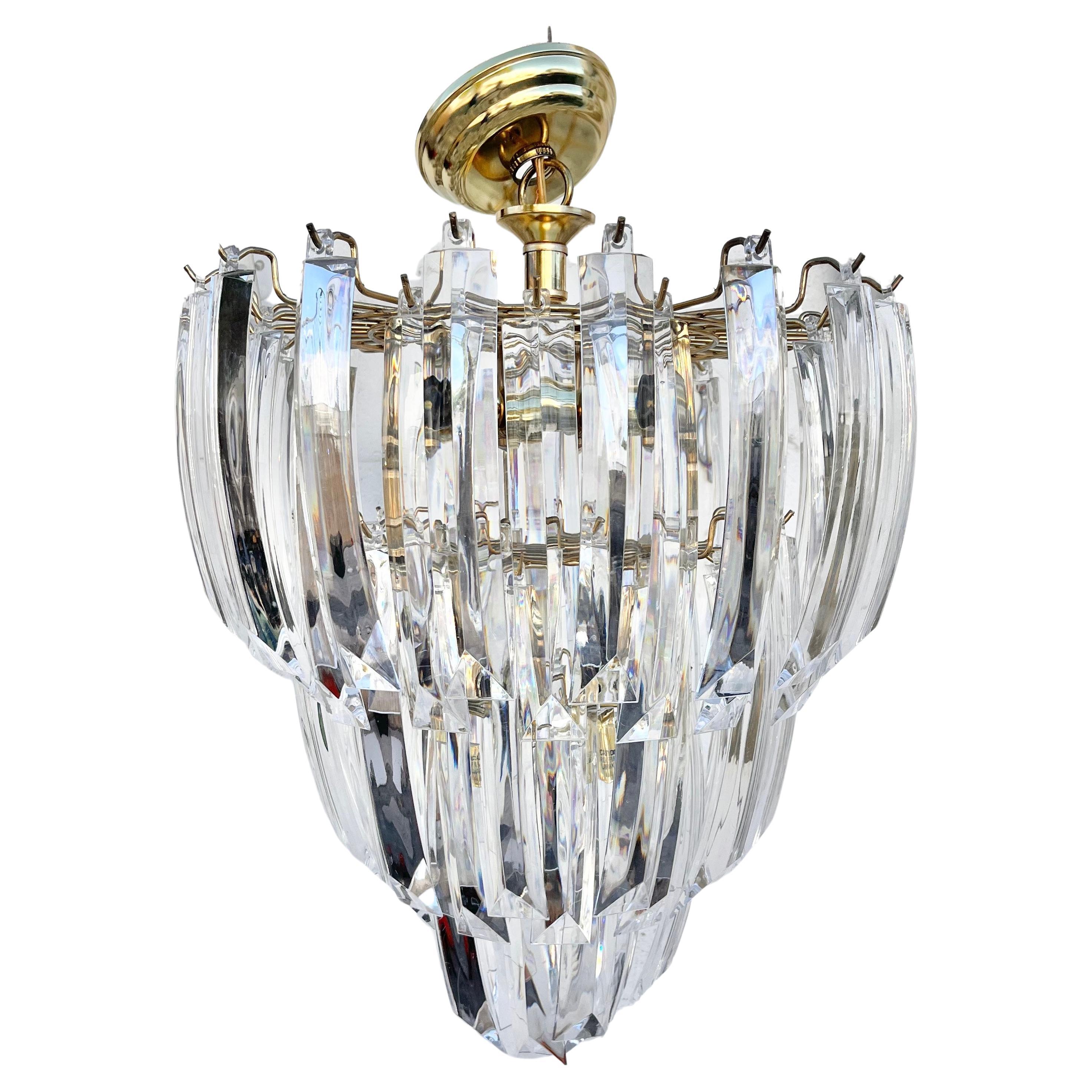 Large Mid-Century Modern Three-Tier Prism Lucite Chandelier For Sale