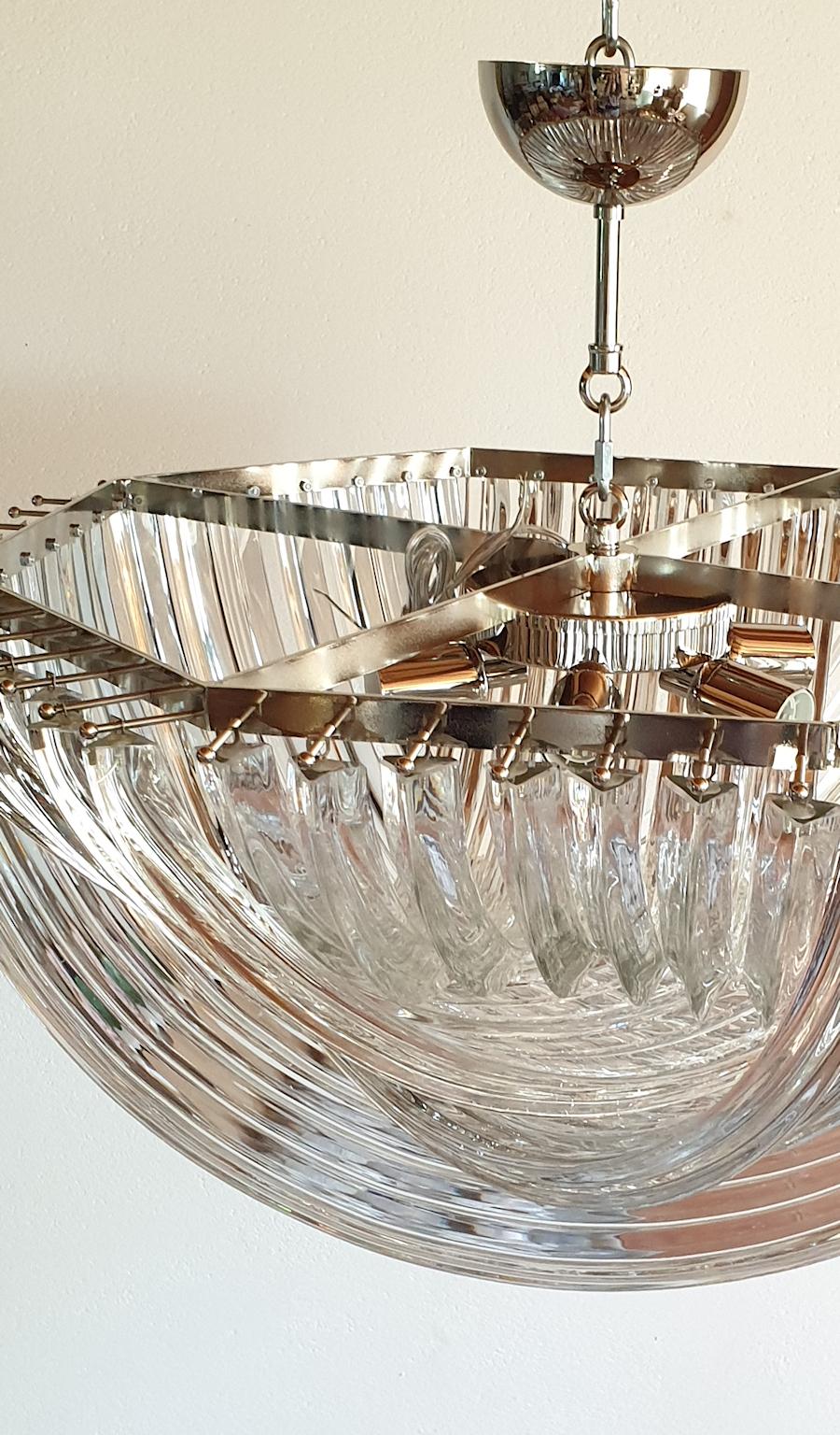 Chrome Large Mid-Century Modern Vintage Venini Chandelier Clear Murano Glass Italy 1980