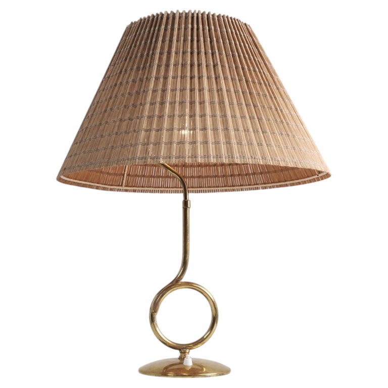 Large Mid-Century Modern Valinte Table Lamp in Brass & Rattan, Finland 1950s