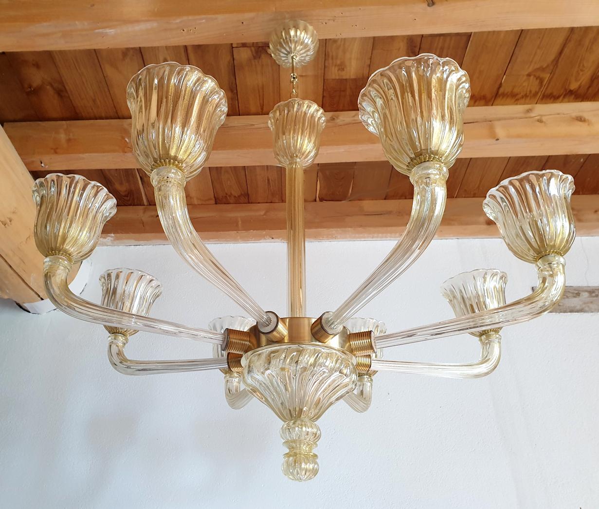 Italian Large Mid-Century Modern Clear & Gold Murano Glass Chandelier Barovier Italy 60s