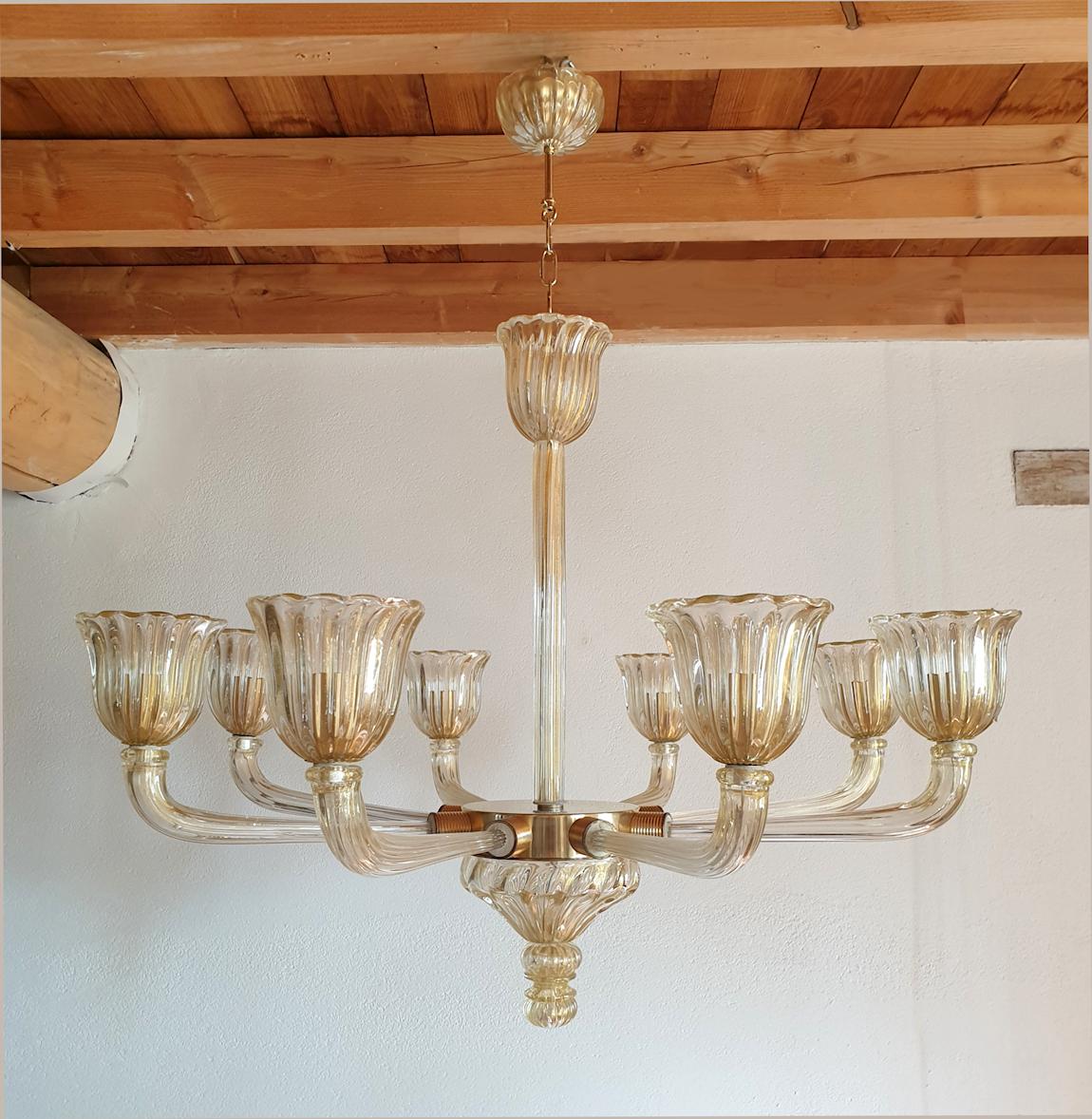 Large Mid-Century Modern Clear & Gold Murano Glass Chandelier Barovier Italy 60s In Excellent Condition In Dallas, TX
