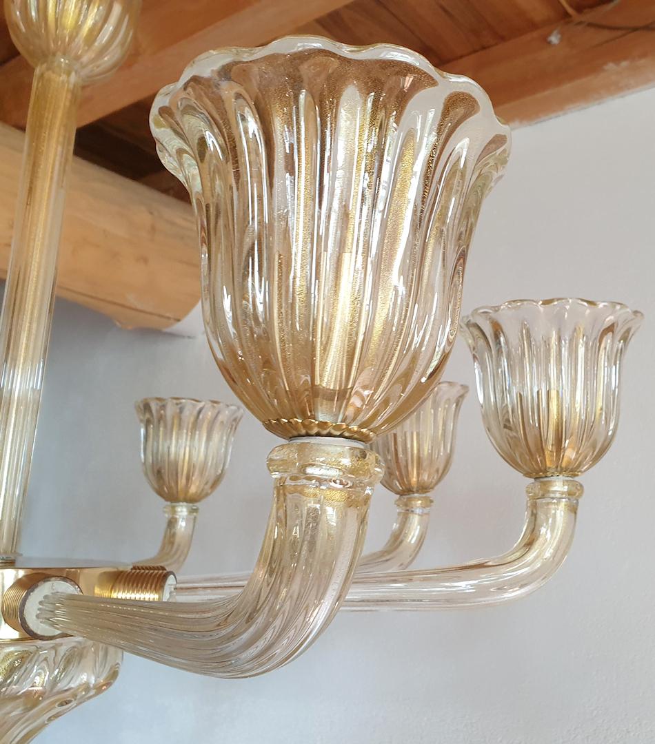 Brass Large Mid-Century Modern Clear & Gold Murano Glass Chandelier Barovier Italy 60s