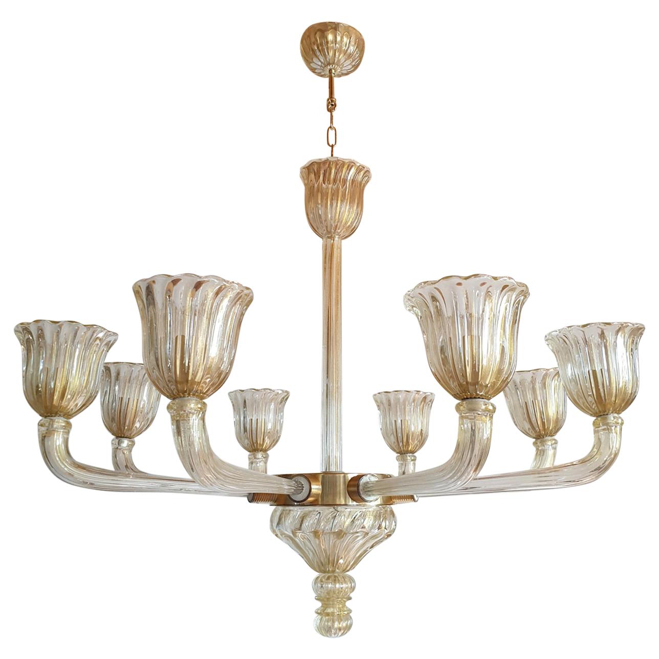 Large Mid-Century Modern Clear & Gold Murano Glass Chandelier Barovier Italy 60s