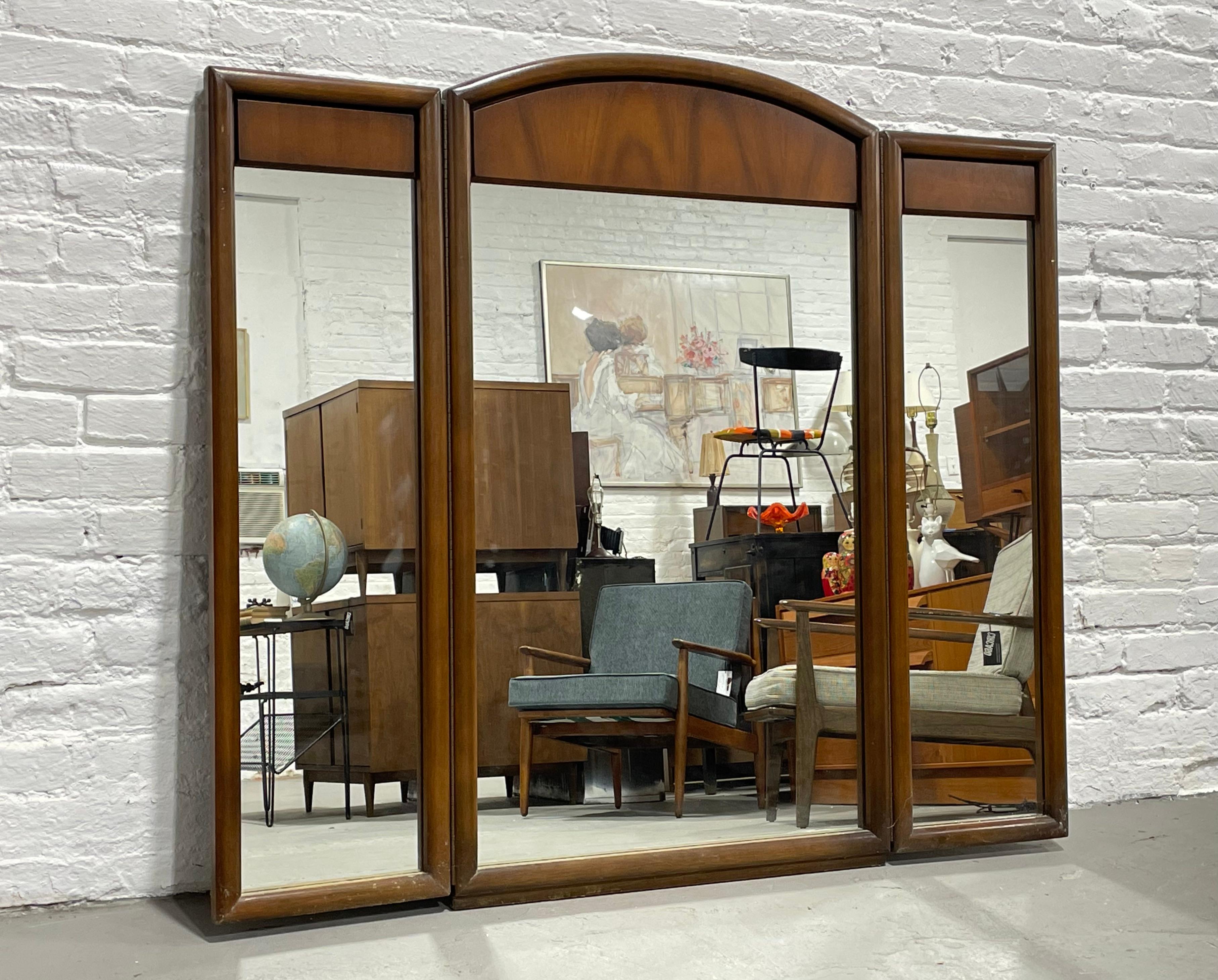 Large Mid-Century Modern Walnut Three Panel Mirror, C. 1960s In Good Condition For Sale In Weehawken, NJ
