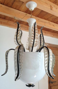 Large White, Black and gold Murano Glass Chandelier Seguso Style
