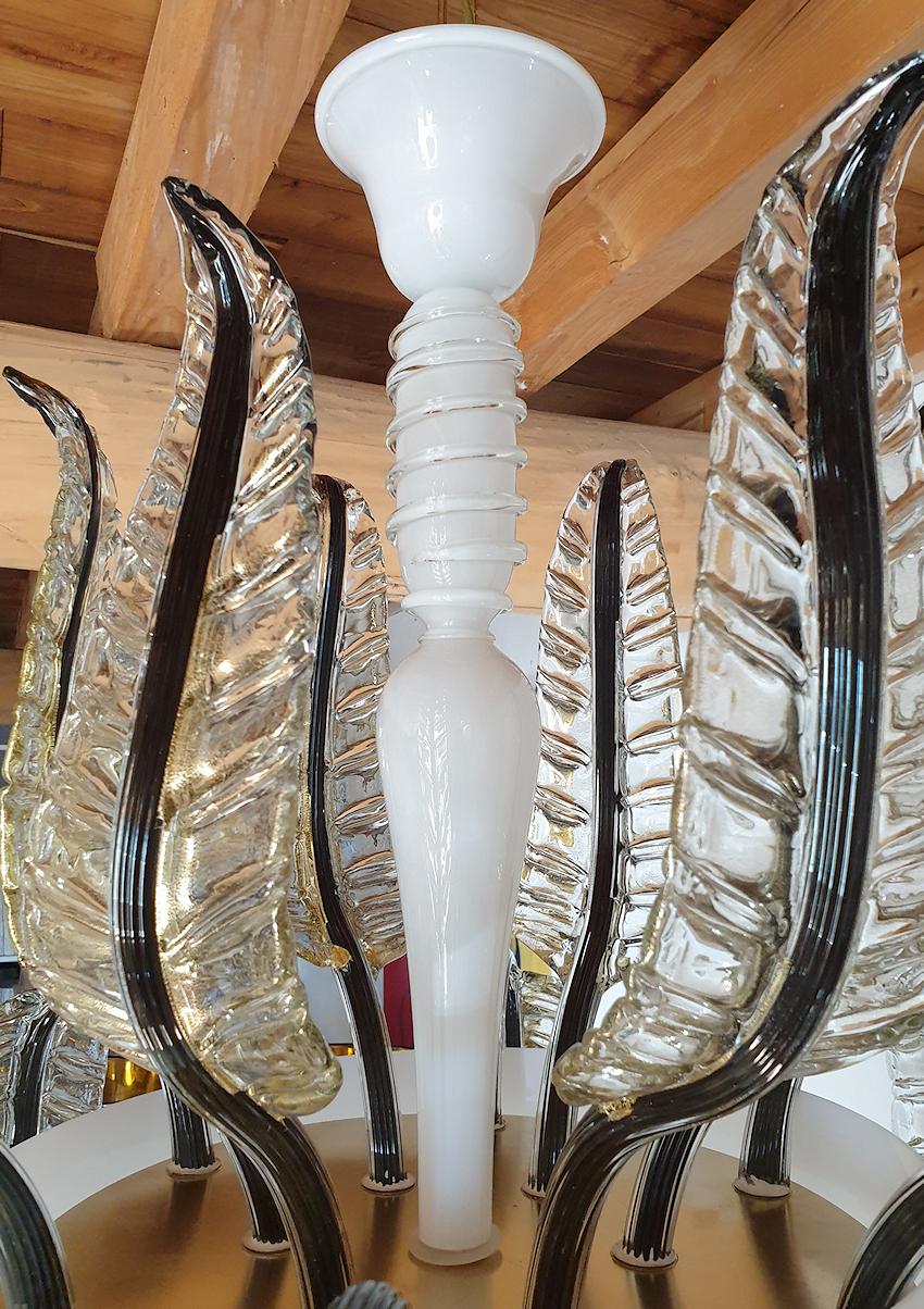 Late 20th Century Large White, Black and gold Murano Glass Chandelier Seguso Style
