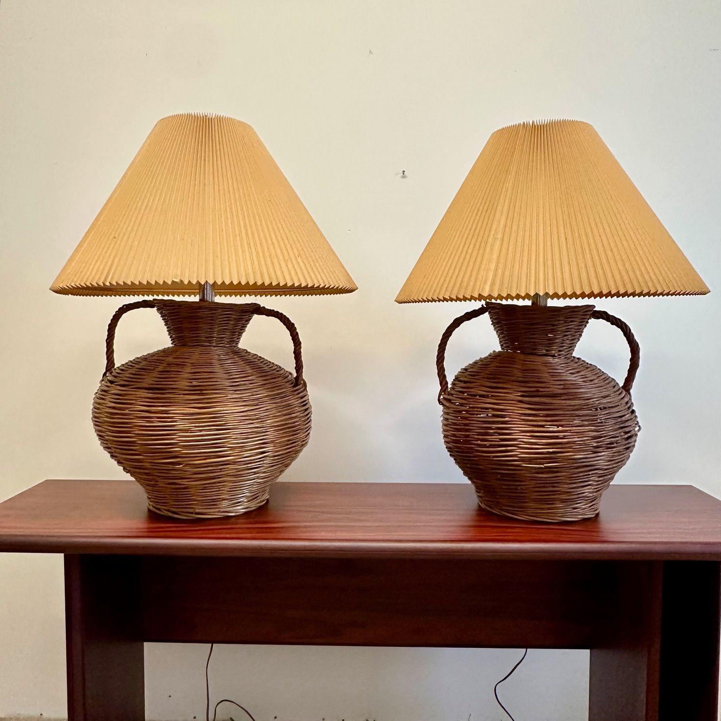 American Kovacs, Mid-Century Modern, Large Wicker Table Lamps, United States, 1980s For Sale