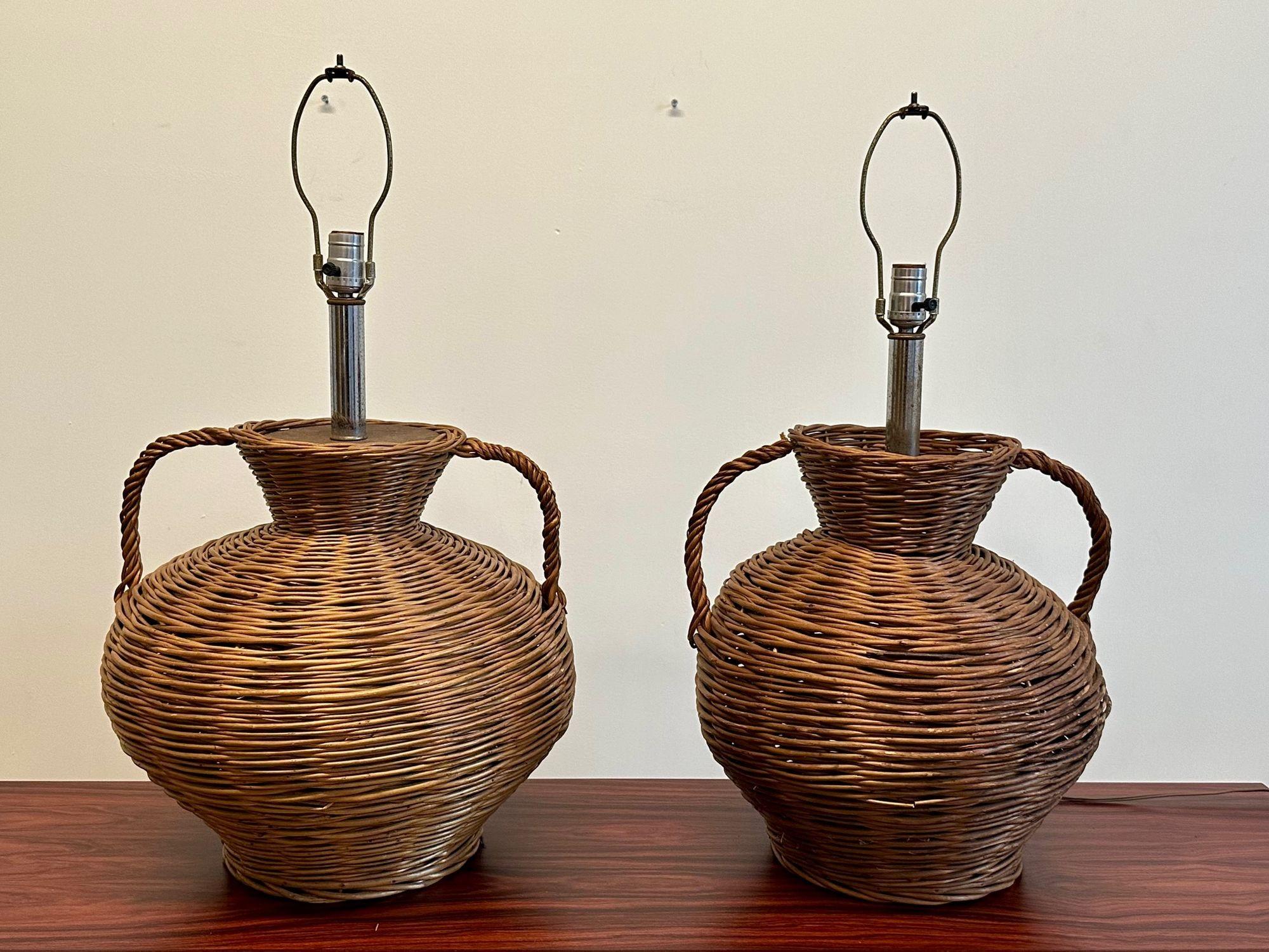 Kovacs, Mid-Century Modern, Large Wicker Table Lamps, United States, 1980s For Sale 2