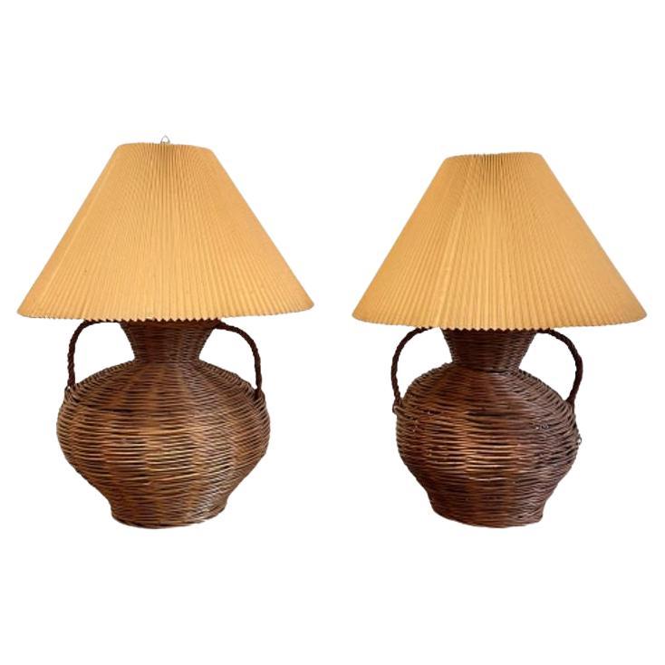 Kovacs, Mid-Century Modern, Large Wicker Table Lamps, United States, 1980s For Sale