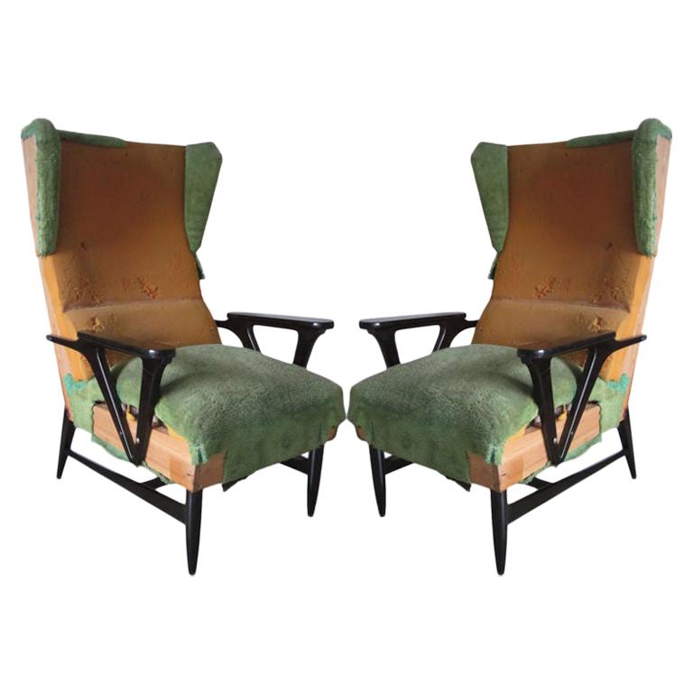 Large Mid-Century Modern Wing-back Lounge Chairs Carlo Mollino Attributed, Pair