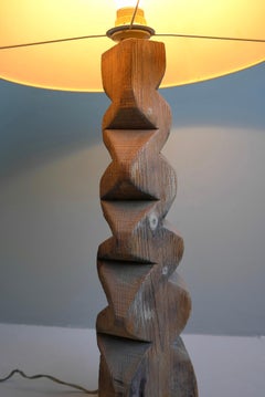 Large Mid-Century Modern Wooden Sculpture Table Lamp, off White Silk Shade, 1965