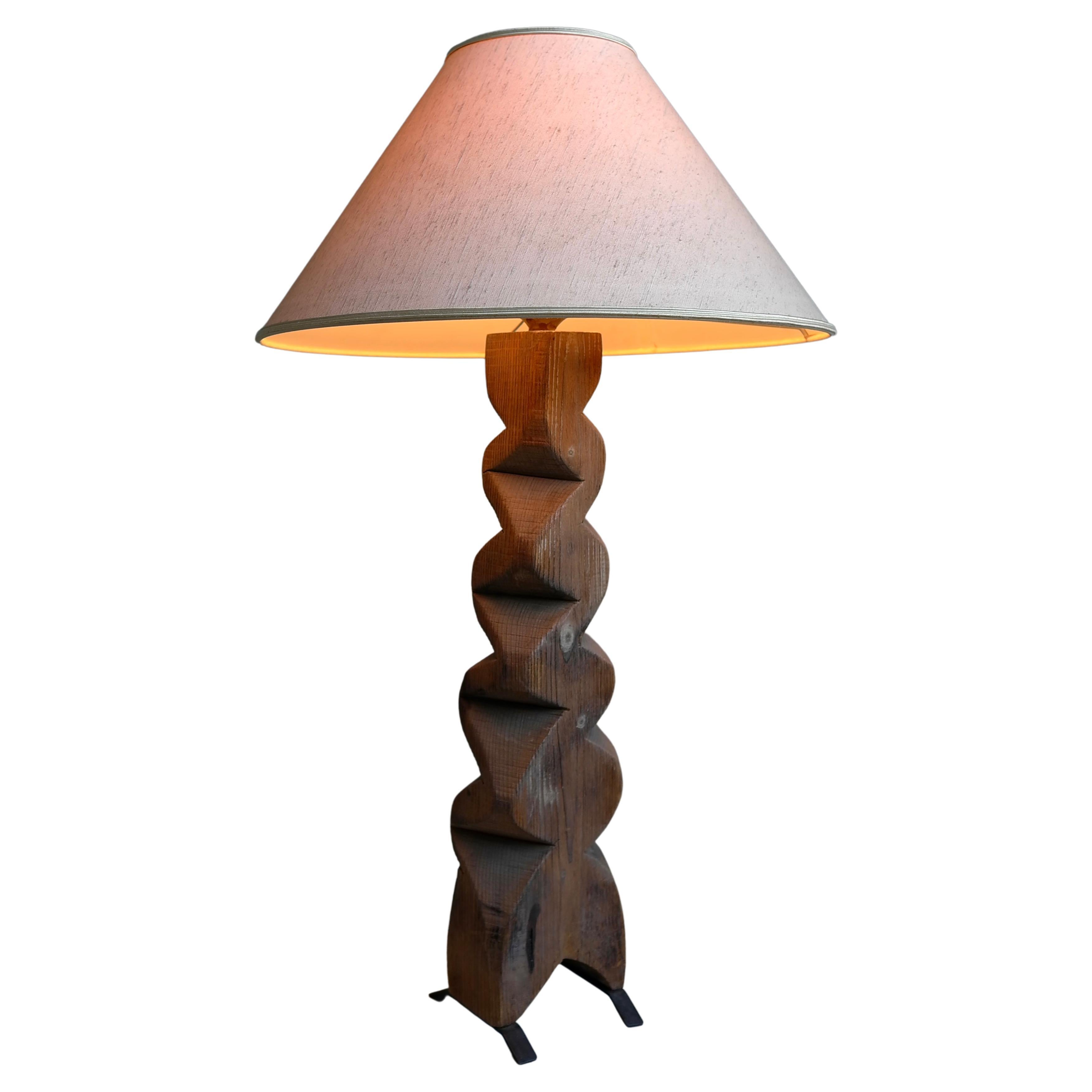 Large Mid-Century Modern Wooden Sculpture Table Lamp, off White Silk Shade, 1965 For Sale