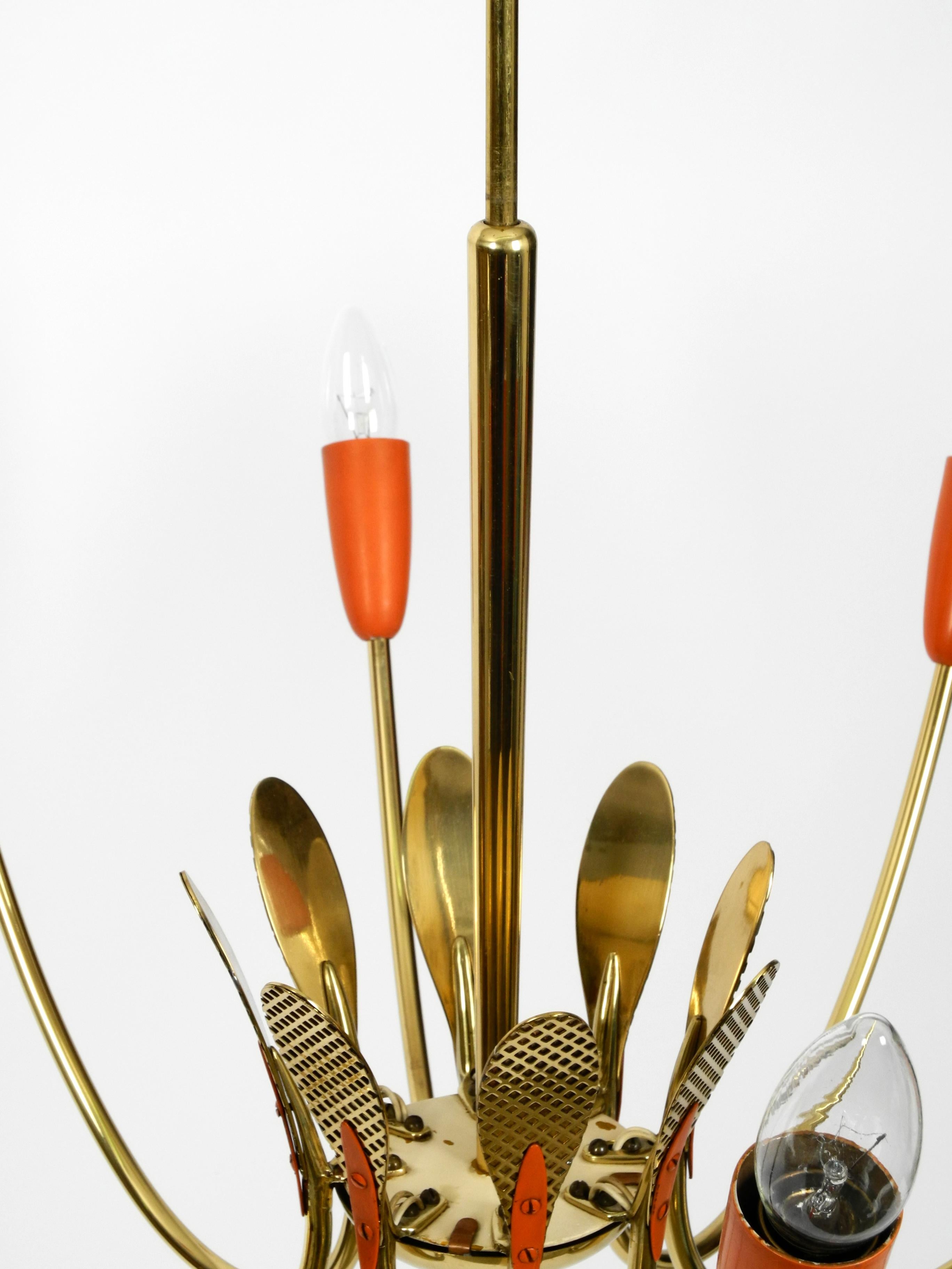 Large Mid-Century Modernist 8 Armed Sputnik Brass Chandelier with Metal Cones 6