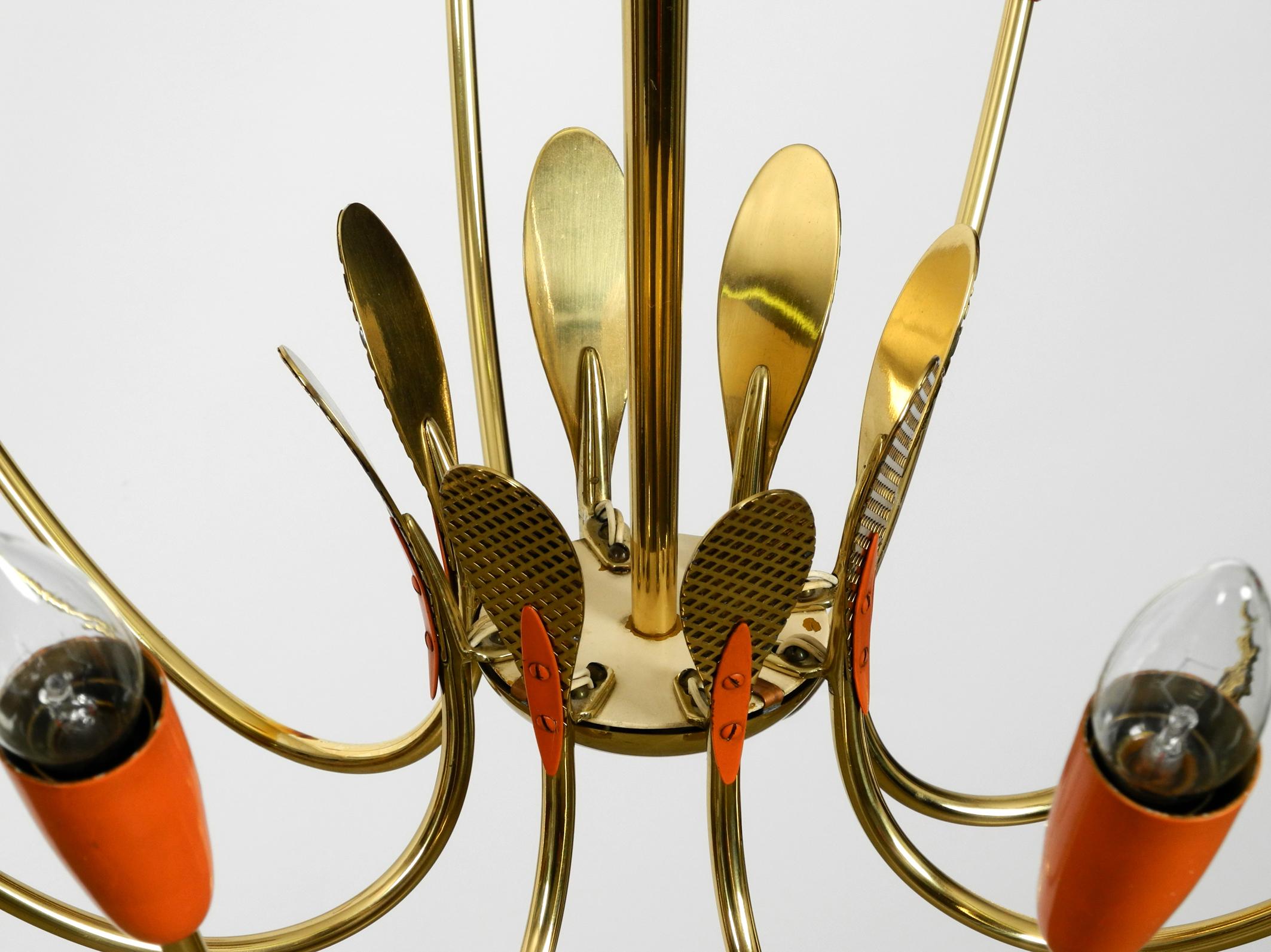 Mid-20th Century Large Mid-Century Modernist 8 Armed Sputnik Brass Chandelier with Metal Cones