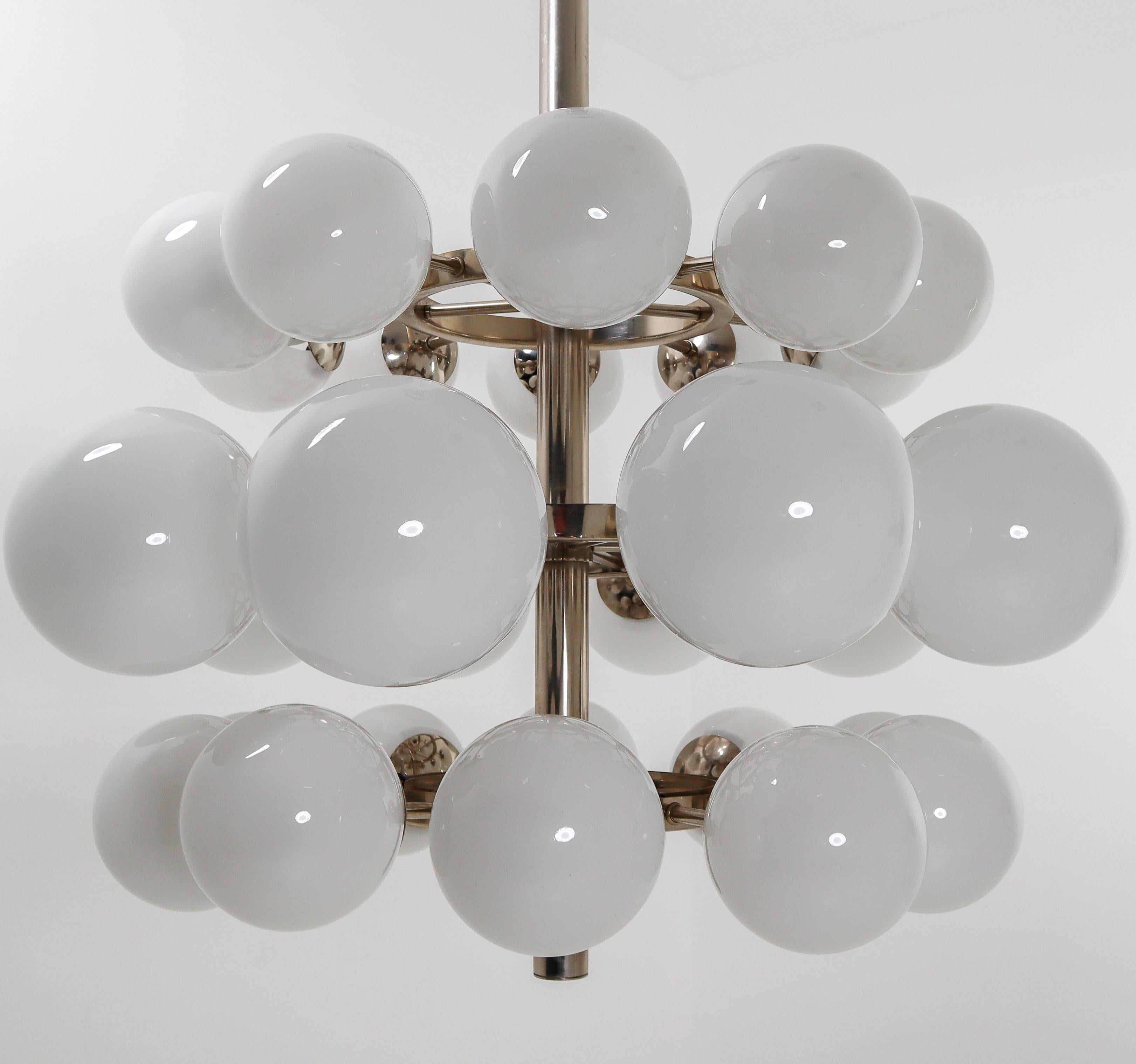 European Large Mid-Century Modernist Chandelier with 30 Hand Blown Opaline Glass Globes