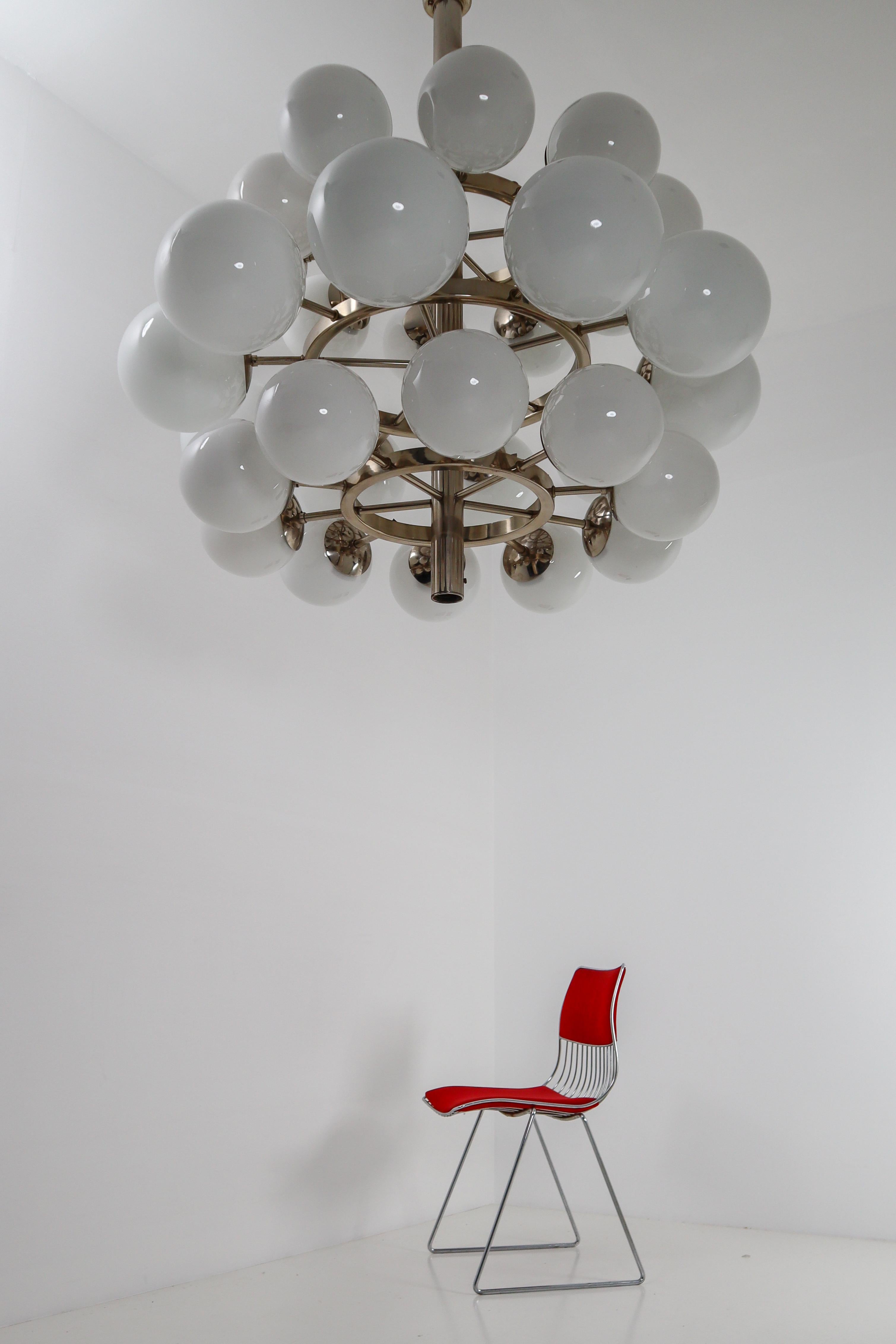 20th Century Large Mid-Century Modernist Chandelier with 30 Hand Blown Opaline Glass Globes