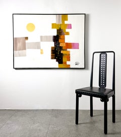 Grande dipinto astratto colorato del paesaggio urbano originale della metà del secolo scorso 1960