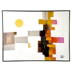 Large Mid Century Modernist Colorful Abstract Original Cityscape Painting 1960s