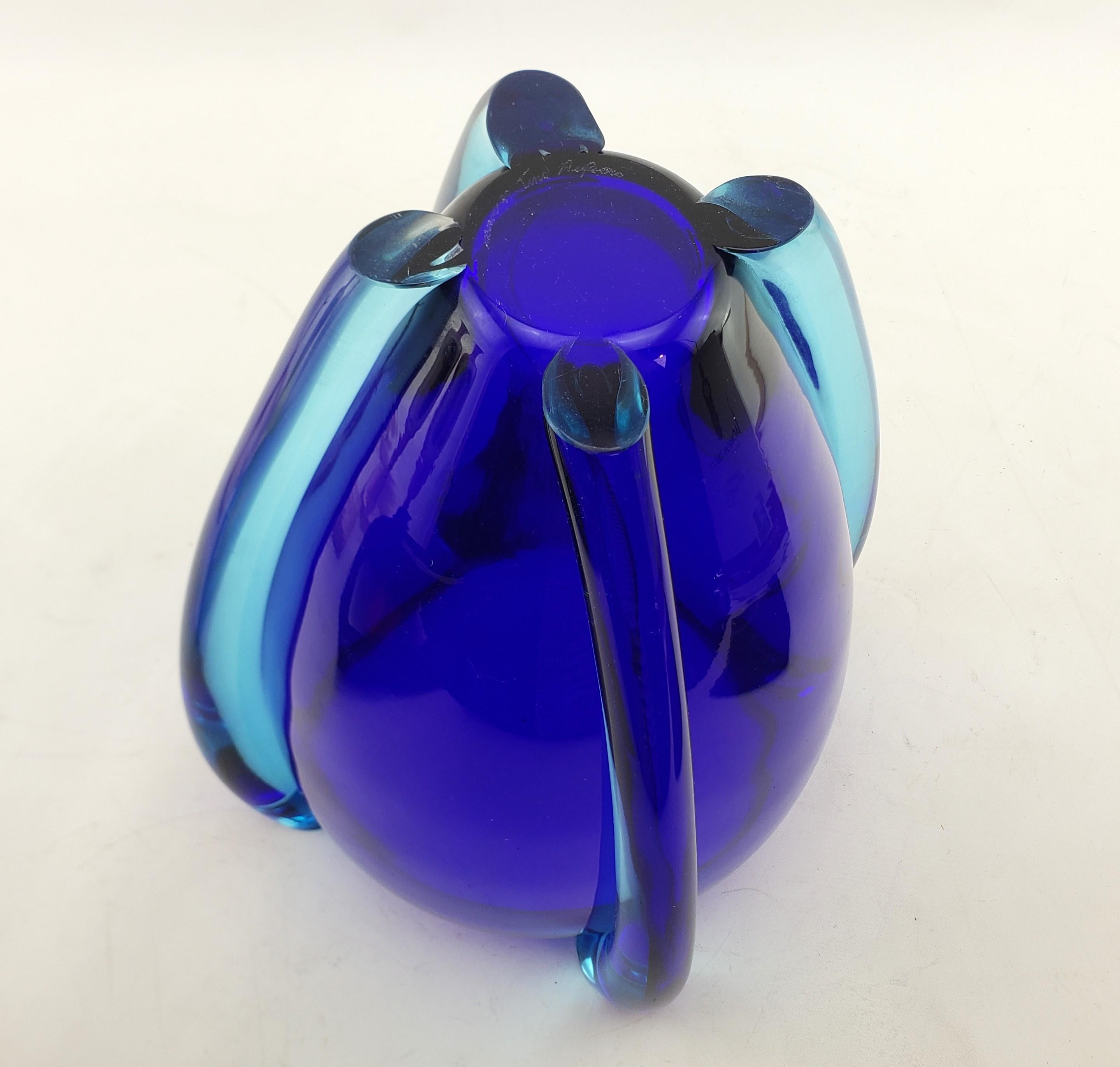 Large Mid Century Modern Styled Artist Signed Vintage Cobalt Blue Art Glass Vase For Sale 4
