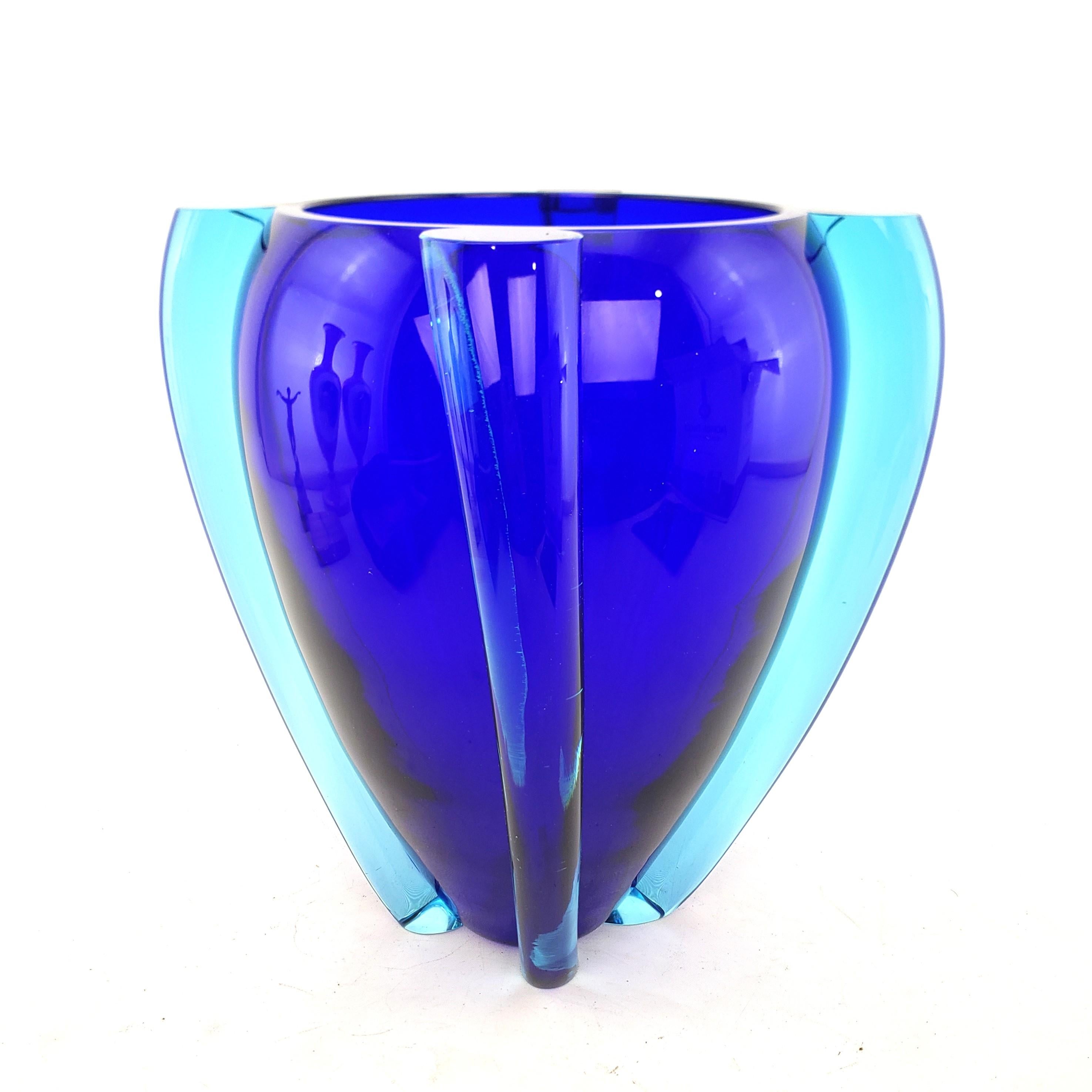 Mid-Century Modern Large Mid Century Modern Styled Artist Signed Vintage Cobalt Blue Art Glass Vase For Sale