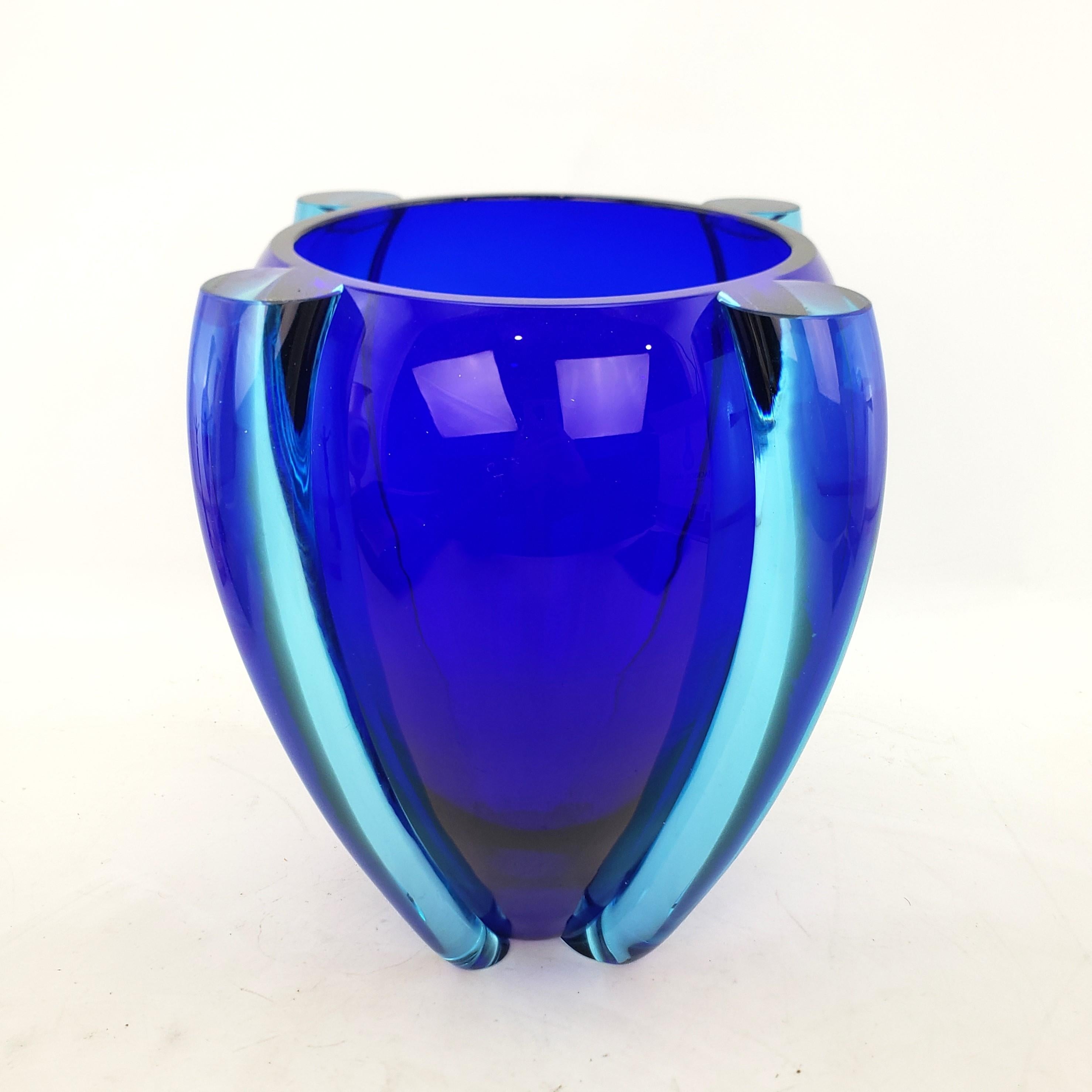 Italian Large Mid Century Modern Styled Artist Signed Vintage Cobalt Blue Art Glass Vase For Sale
