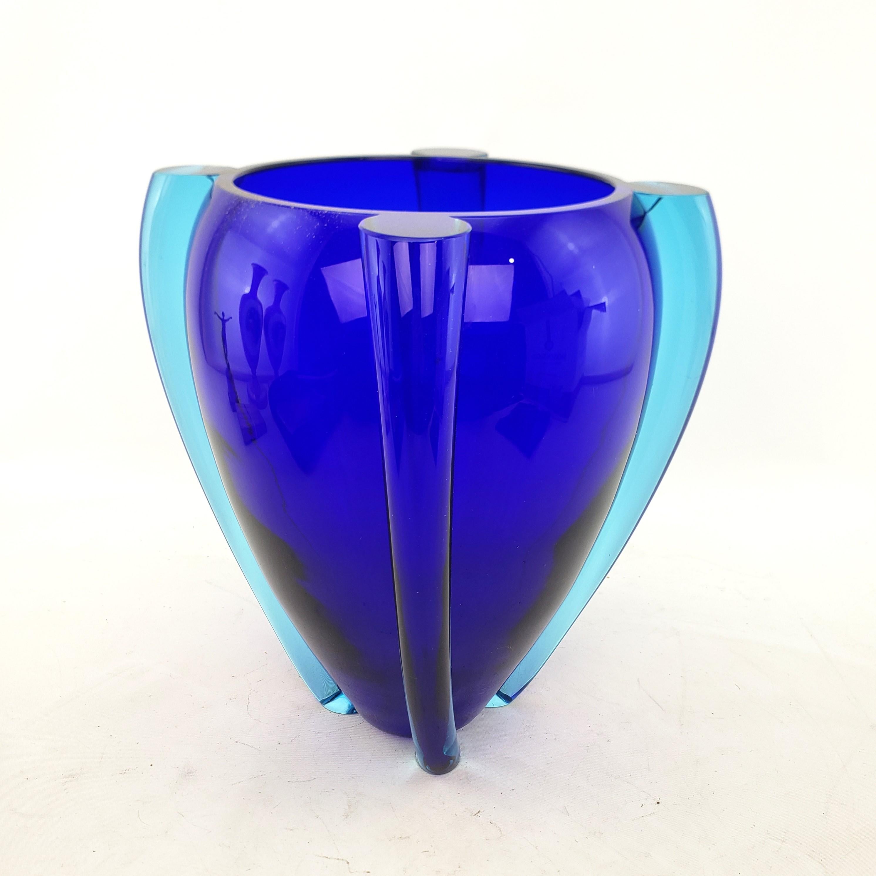 Hand-Crafted Large Mid Century Modern Styled Artist Signed Vintage Cobalt Blue Art Glass Vase For Sale