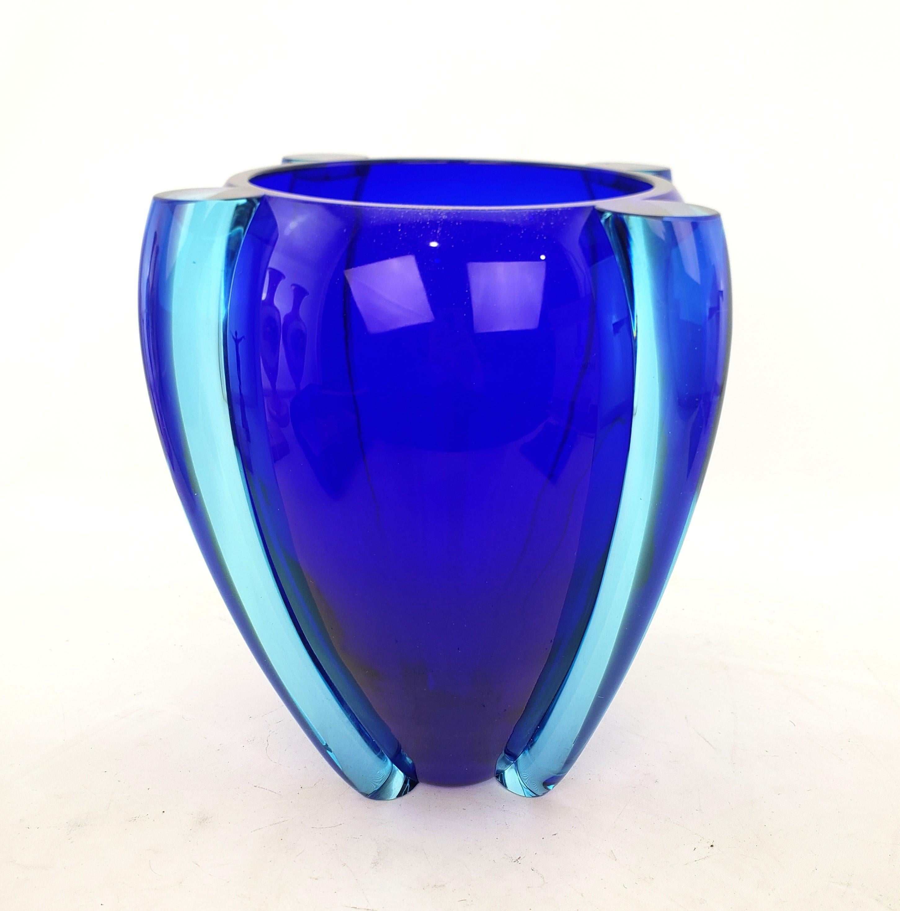 20th Century Large Mid Century Modern Styled Artist Signed Vintage Cobalt Blue Art Glass Vase For Sale