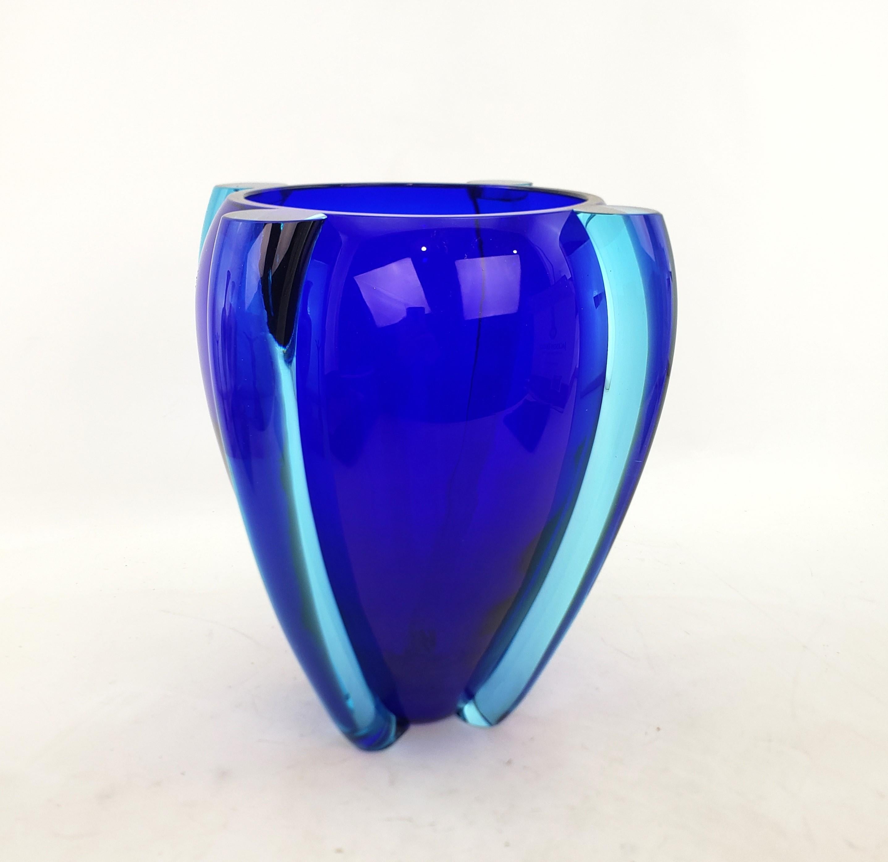 Large Mid Century Modern Styled Artist Signed Vintage Cobalt Blue Art Glass Vase For Sale 1