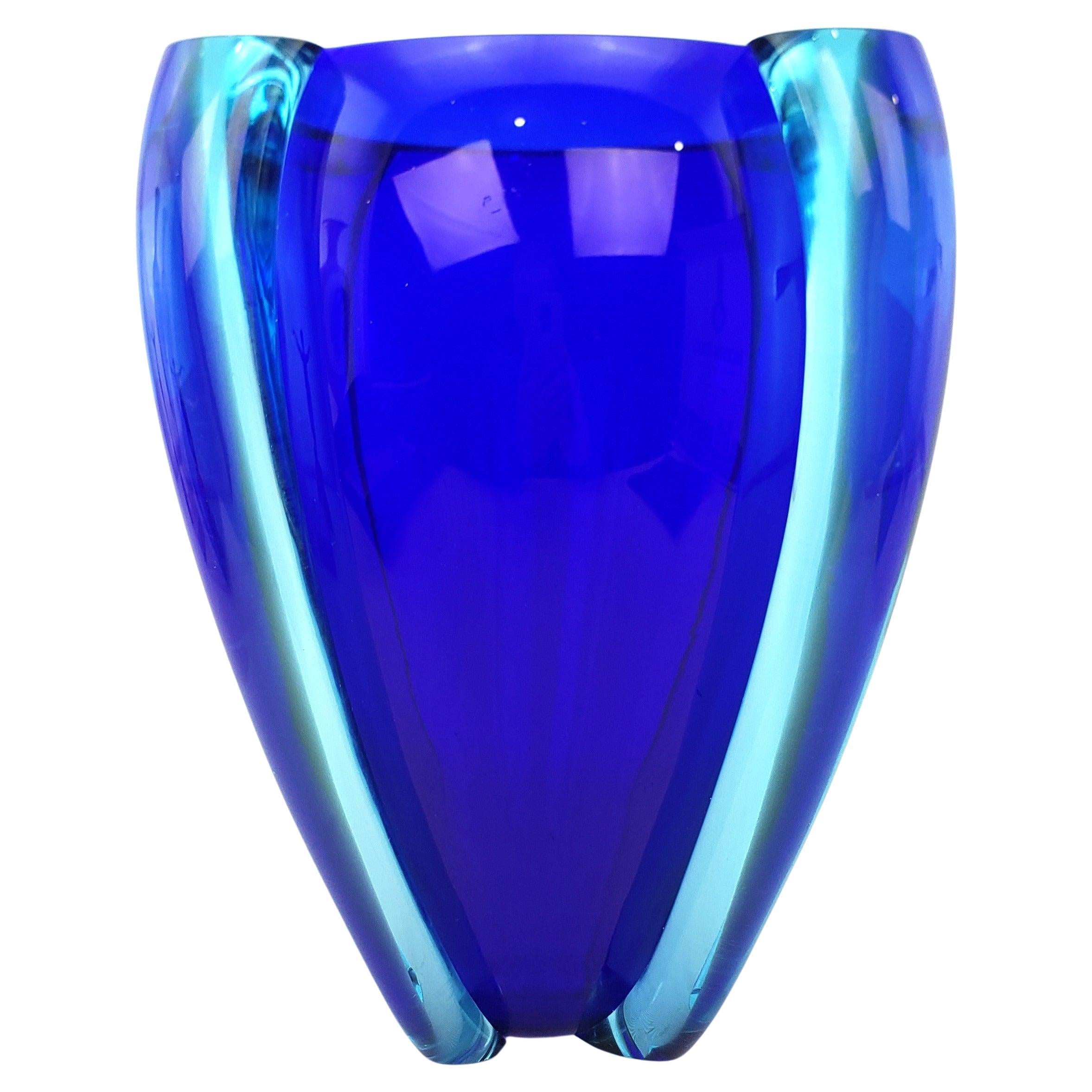 Large Mid Century Modern Styled Artist Signed Vintage Cobalt Blue Art Glass Vase For Sale