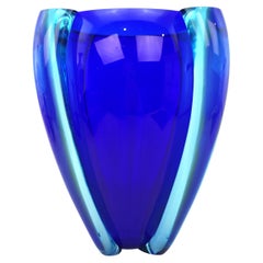 Large Mid Century Modern Styled Artist Signed Retro Cobalt Blue Art Glass Vase