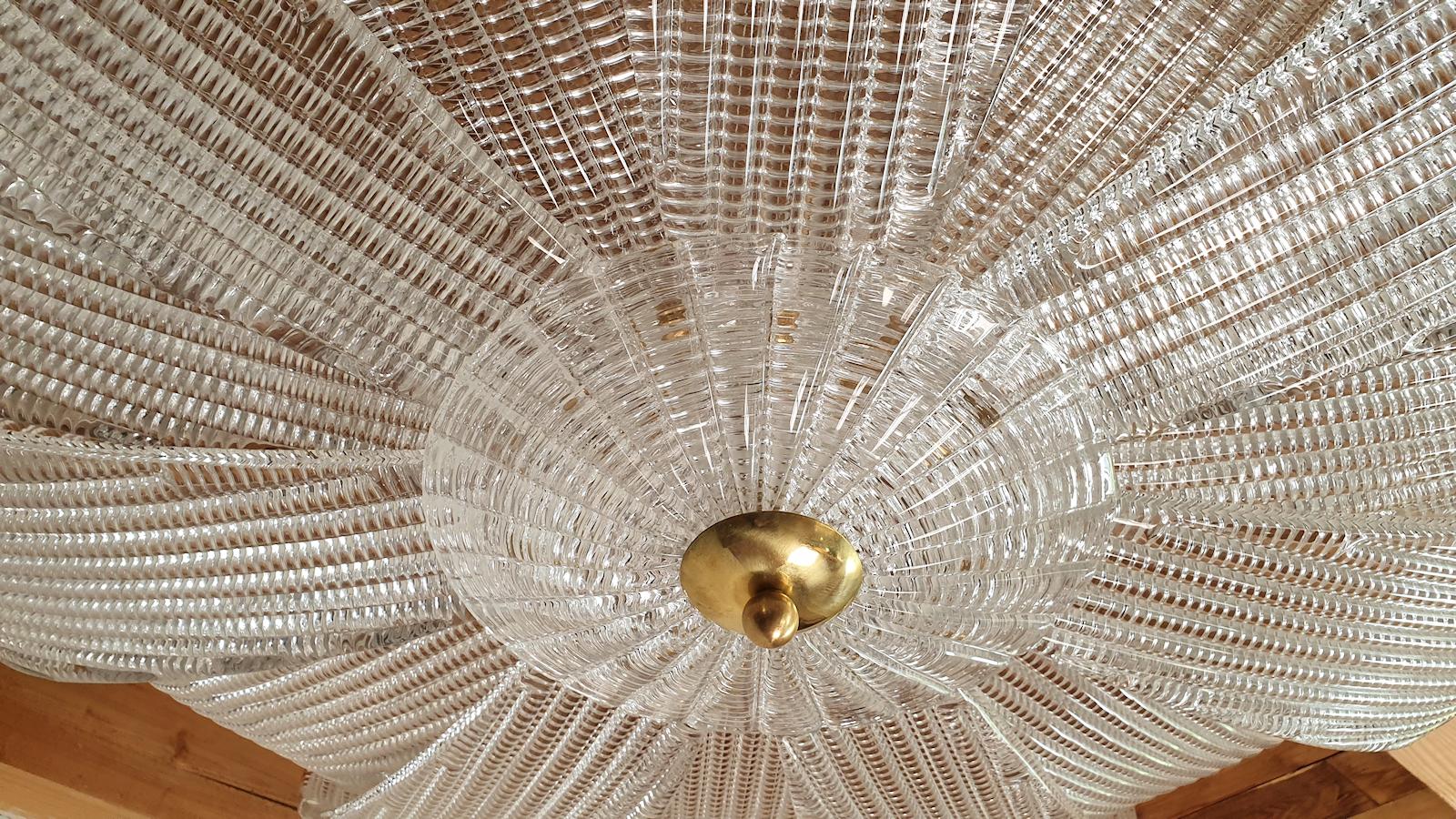Late 20th Century Large Mid-century Murano Clear Glass Flush Mount chandelier, Barovier Style 1970