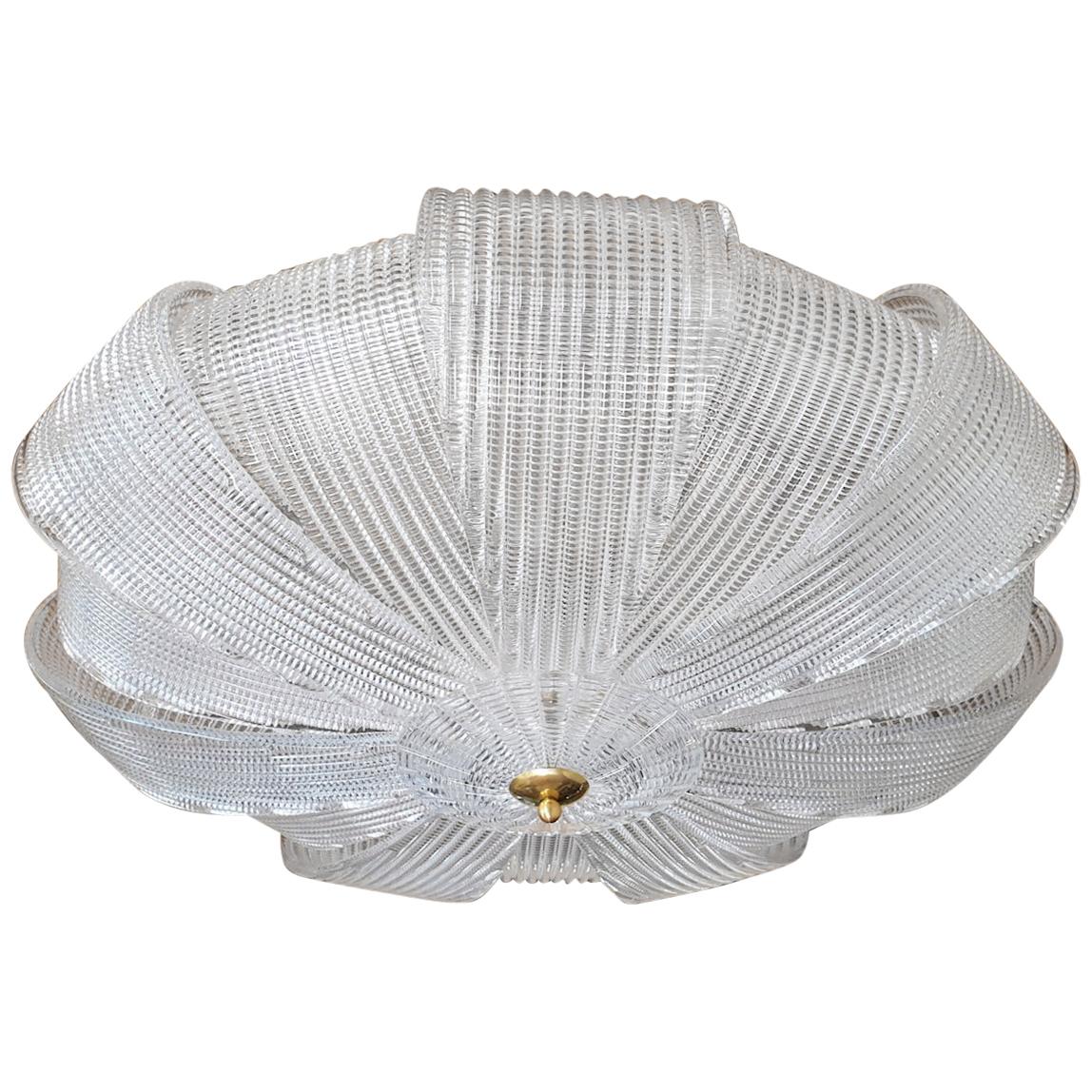 Large Mid-century Murano Clear Glass Flush Mount chandelier, Barovier Style 1970