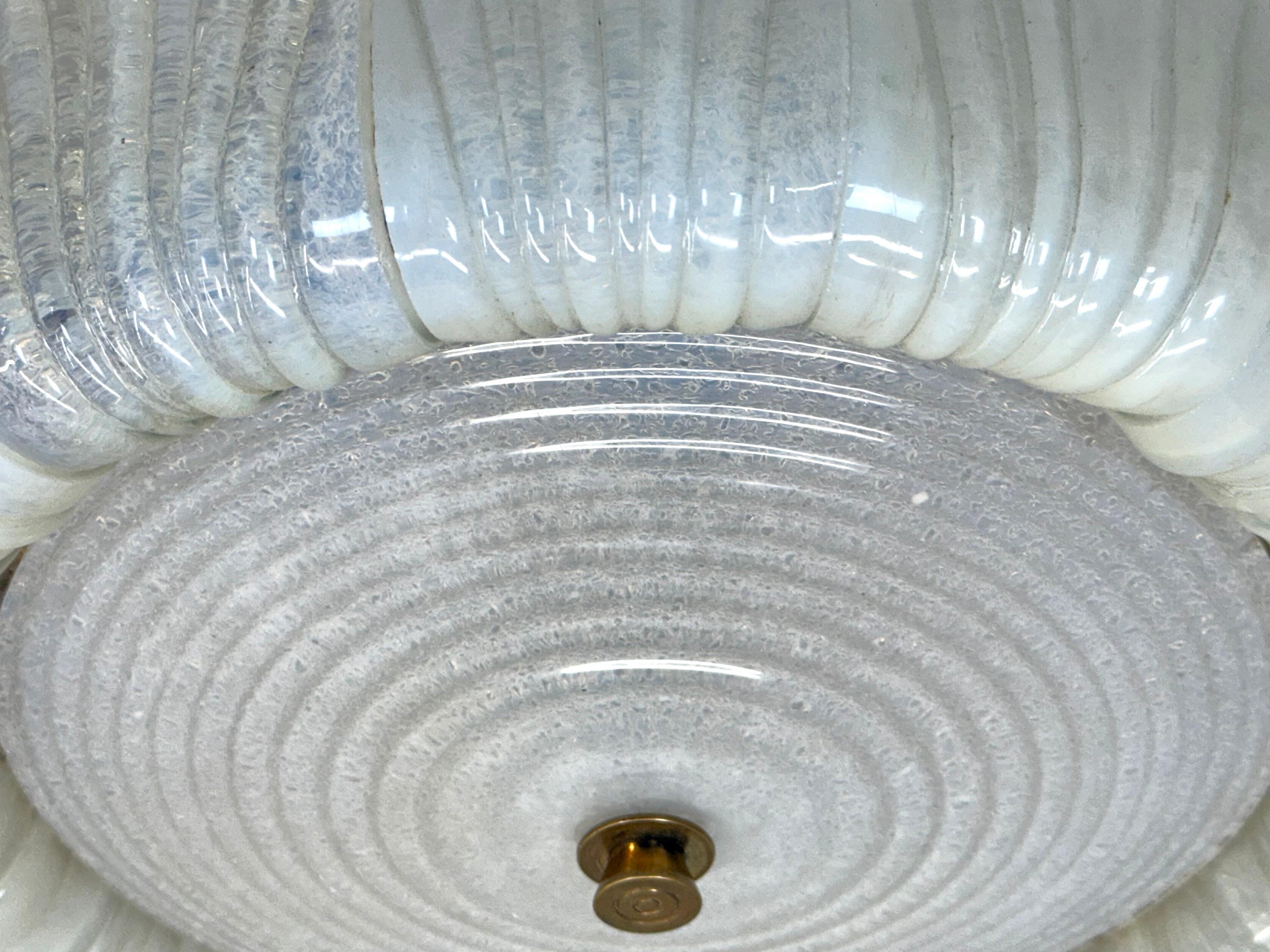 Brass Large Mid-Century Murano Glass Flush Mount Chandelier by Barovier e Toso, 1940 For Sale