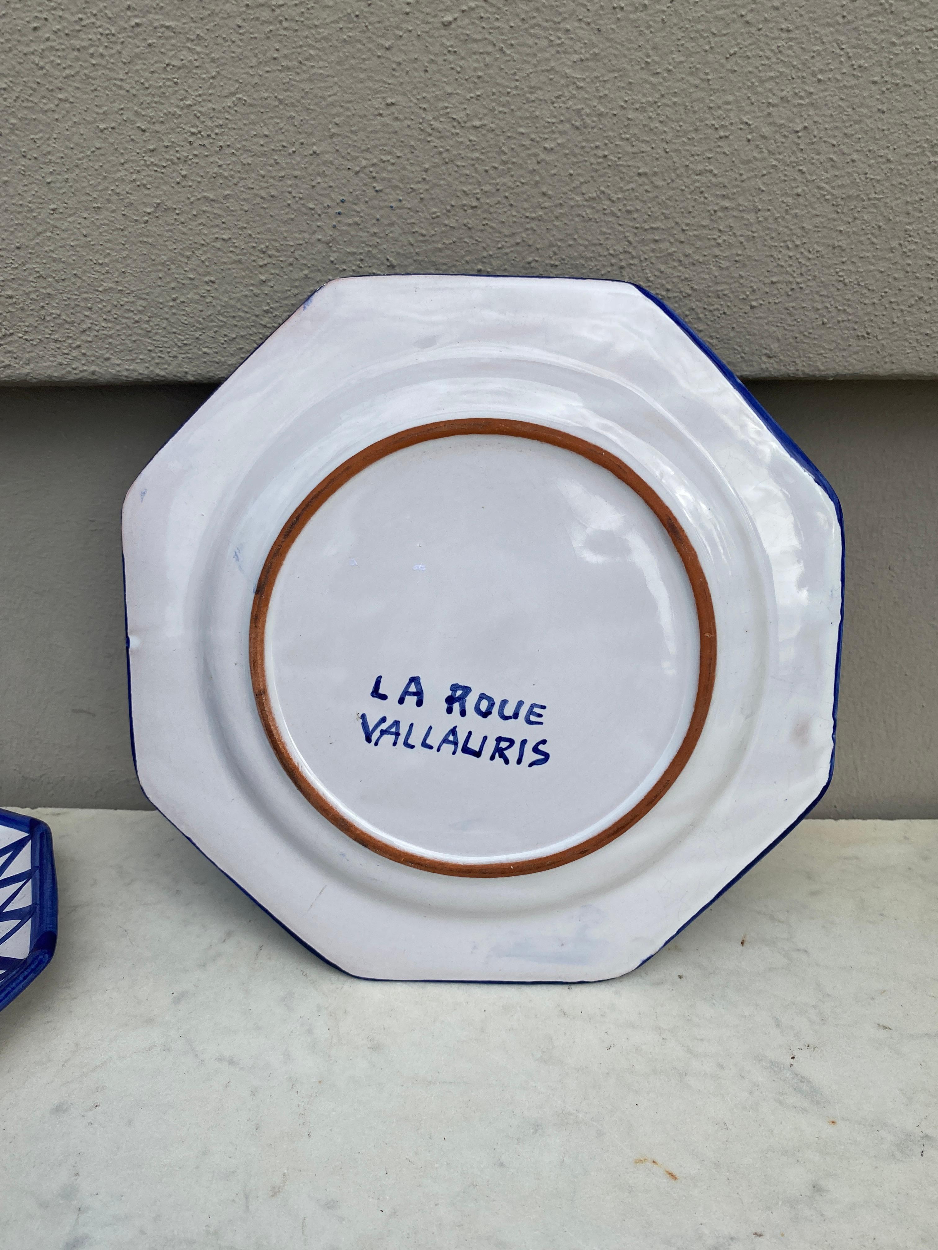 Mid-Century Modern Large Mid-Century Octogonal Blue & White Plate La Roue Vallauris For Sale