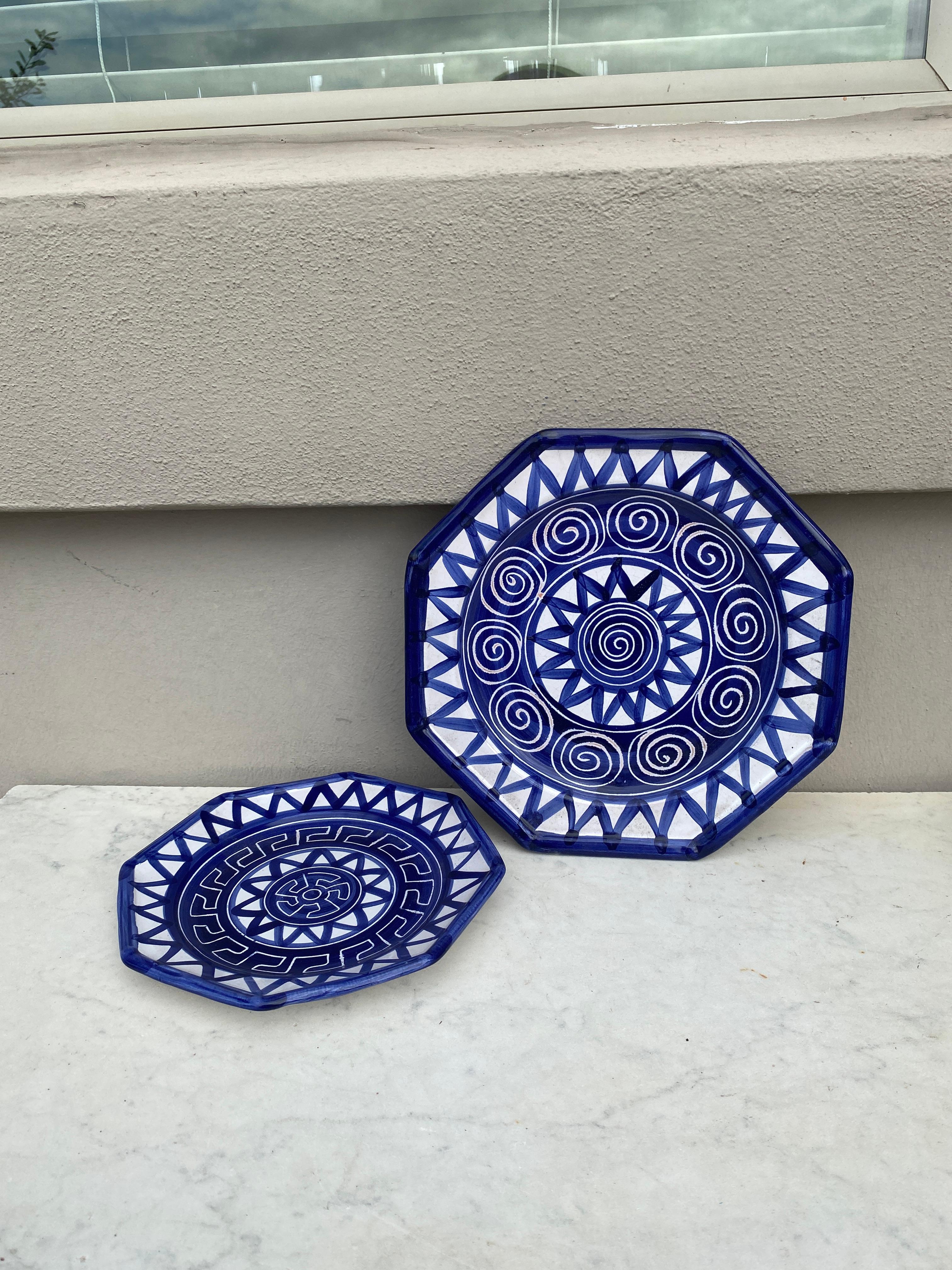 French Large Mid-Century Octogonal Blue & White Plate La Roue Vallauris For Sale