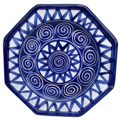 Large Mid-Century Octogonal Blue & White Plate La Roue Vallauris